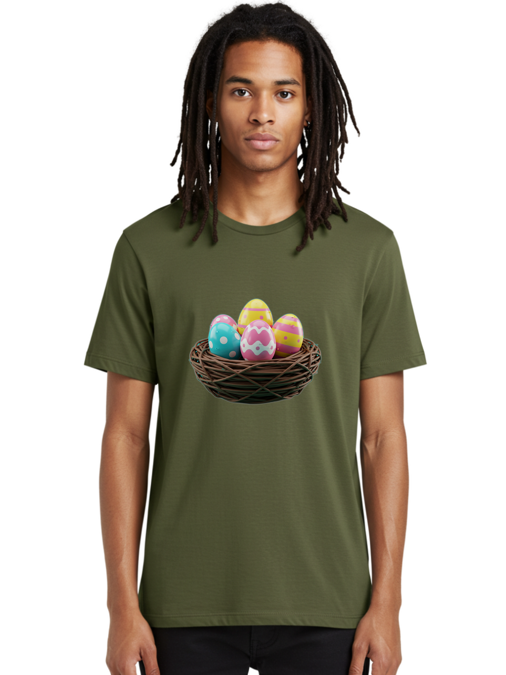 Easter-Eggs-8 Men'S Graphic Tee, 100% Cotton, Comfortable Casual Summer Wear, Machine Washable, Painted Easter Eggs, Wicker Basket, Festive Decorations, Spring Holiday, Colorful Eggs, Easter Celebration, Pastel Colors, Baa613