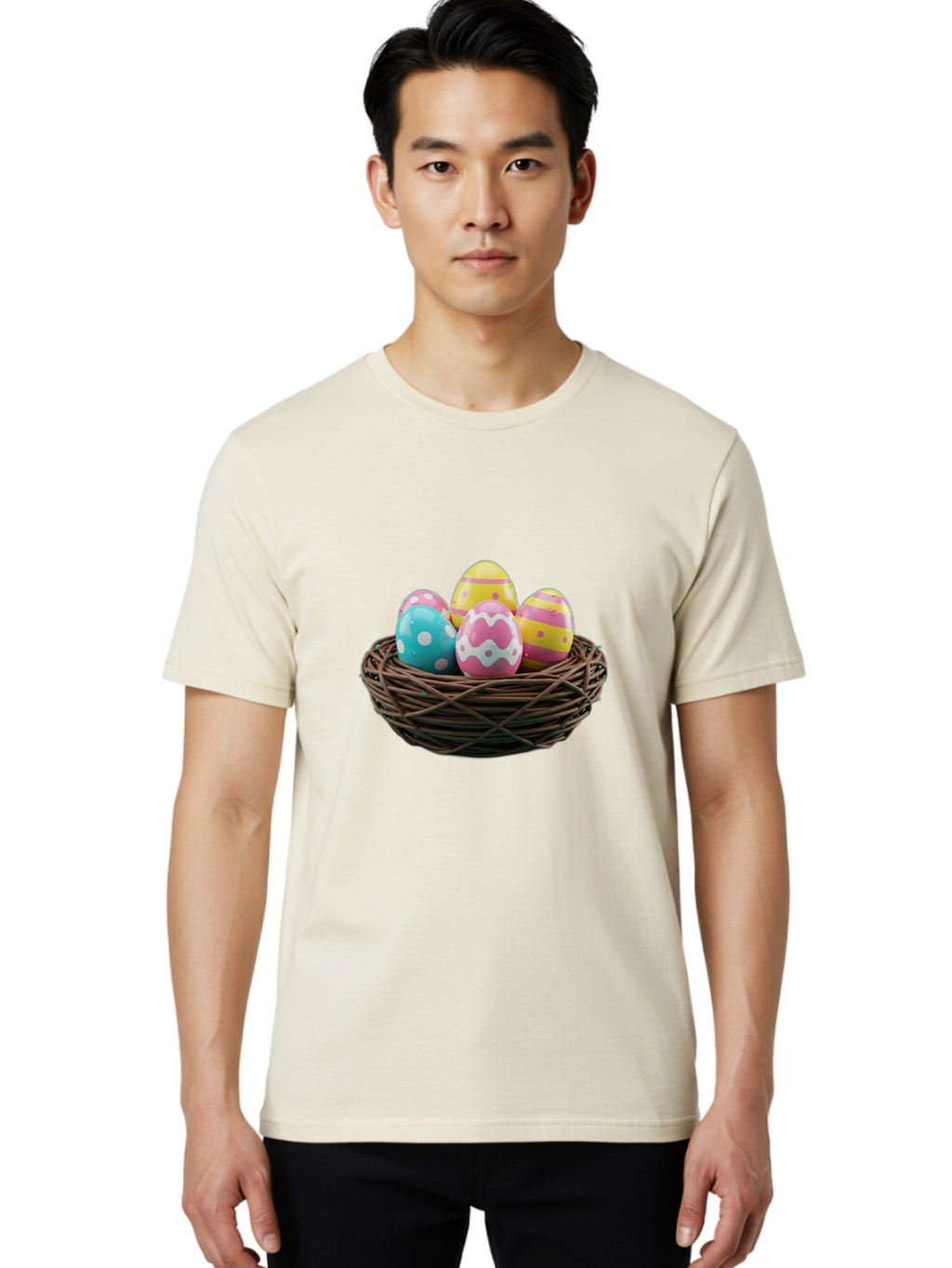 Easter-Eggs-8 Men'S Graphic Tee, 100% Cotton, Comfortable Casual Summer Wear, Machine Washable, Painted Easter Eggs, Wicker Basket, Festive Decorations, Spring Holiday, Colorful Eggs, Easter Celebration, Pastel Colors, Baa613