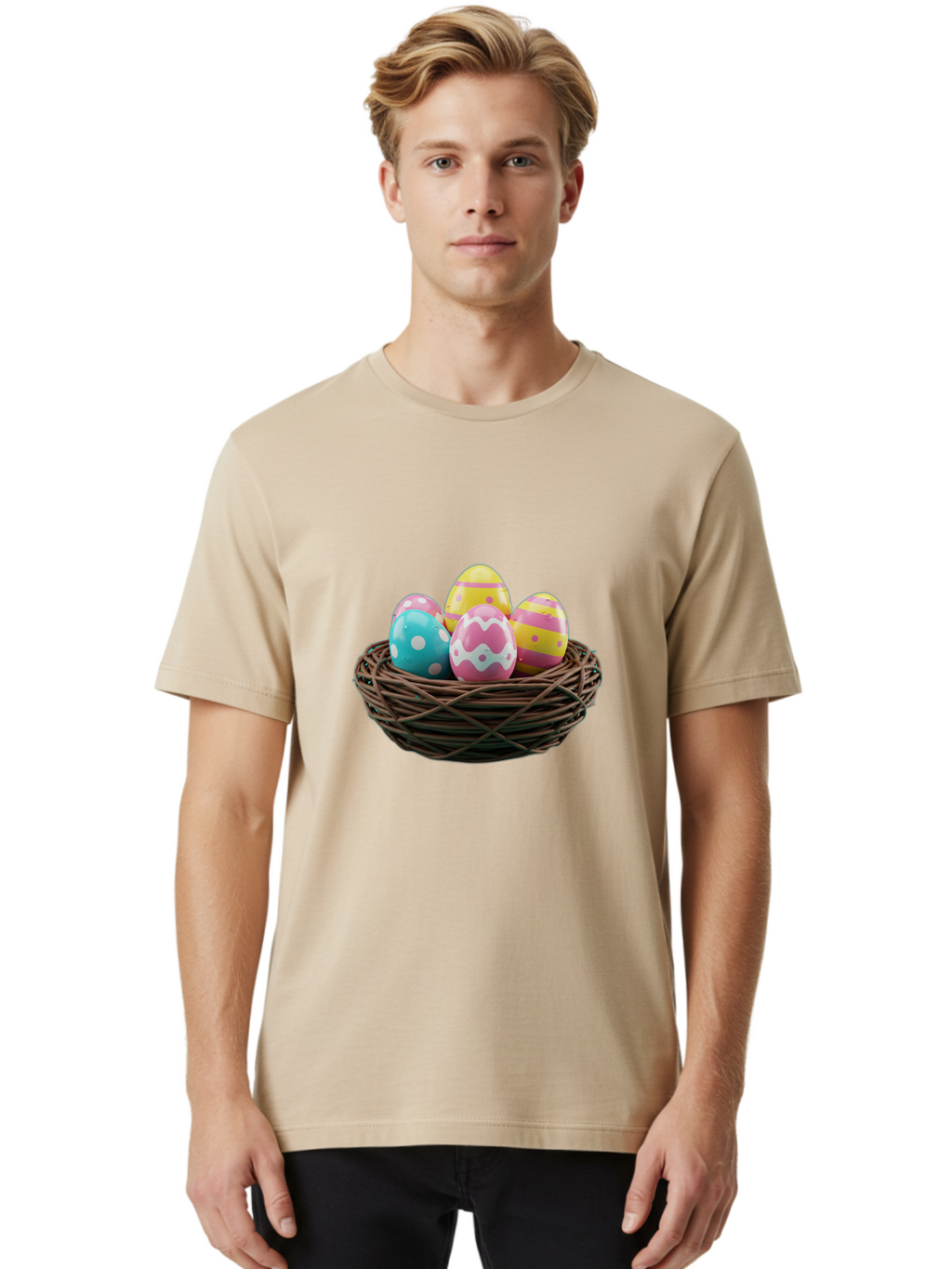 Easter-Eggs-8 Men'S Graphic Tee, 100% Cotton, Comfortable Casual Summer Wear, Machine Washable, Painted Easter Eggs, Wicker Basket, Festive Decorations, Spring Holiday, Colorful Eggs, Easter Celebration, Pastel Colors, Baa613