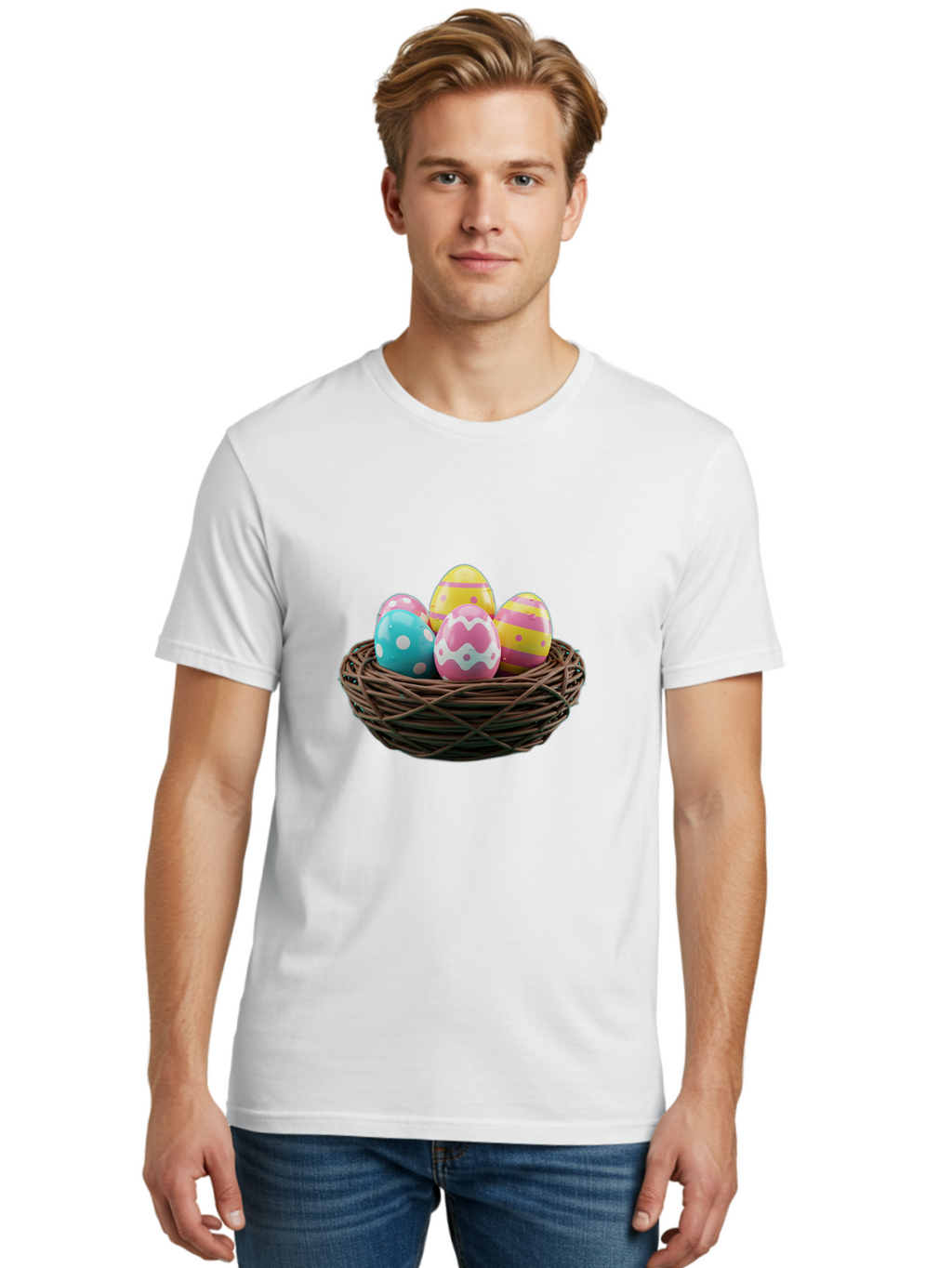 Easter-Eggs-8 Men'S Graphic Tee, 100% Cotton, Comfortable Casual Summer Wear, Machine Washable, Painted Easter Eggs, Wicker Basket, Festive Decorations, Spring Holiday, Colorful Eggs, Easter Celebration, Pastel Colors, Baa613