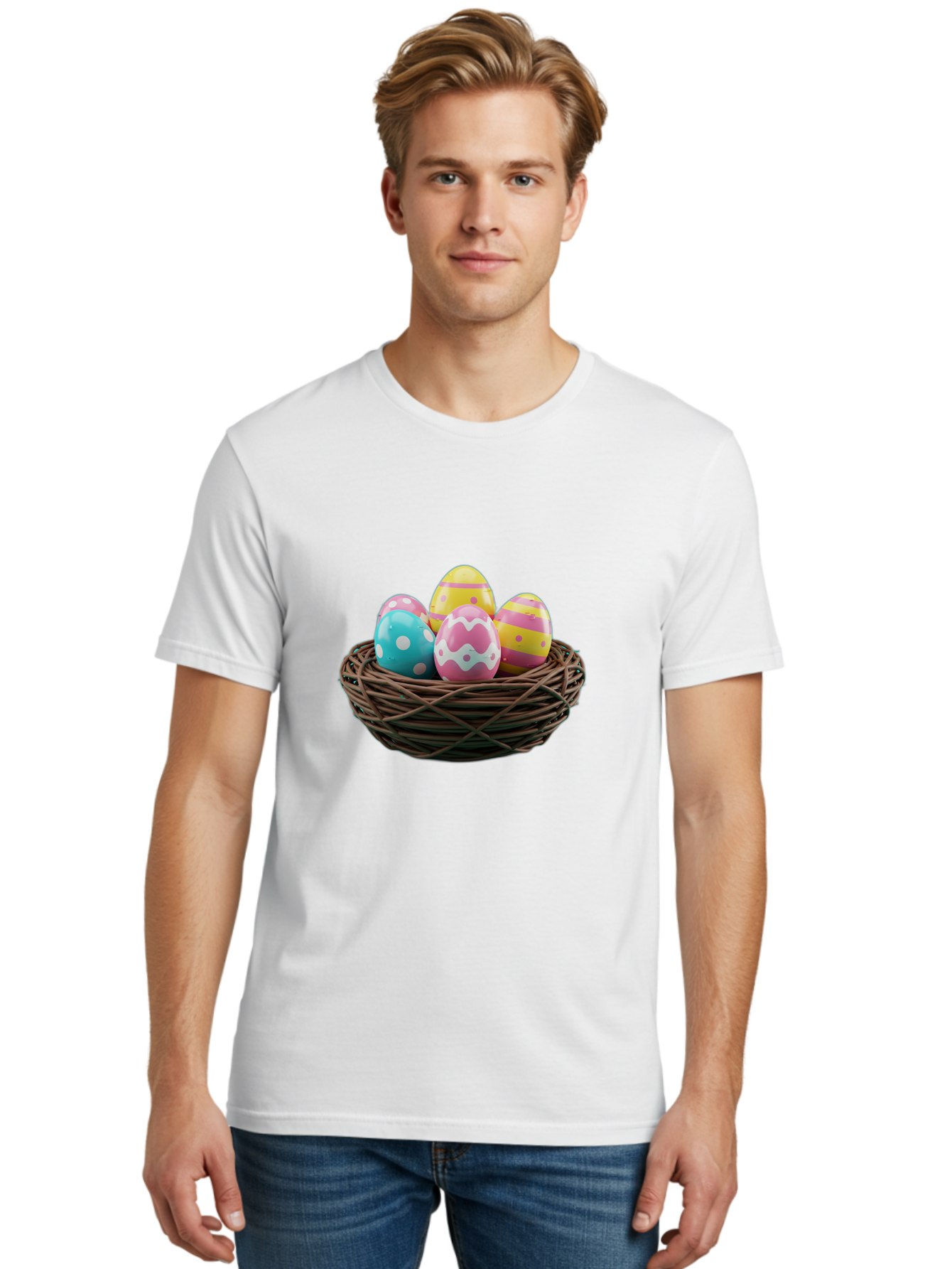 Easter-Eggs-8 Men'S Graphic Tee, 100% Cotton, Comfortable Casual Summer Wear, Machine Washable, Painted Easter Eggs, Wicker Basket, Festive Decorations, Spring Holiday, Colorful Eggs, Easter Celebration, Pastel Colors, Baa613