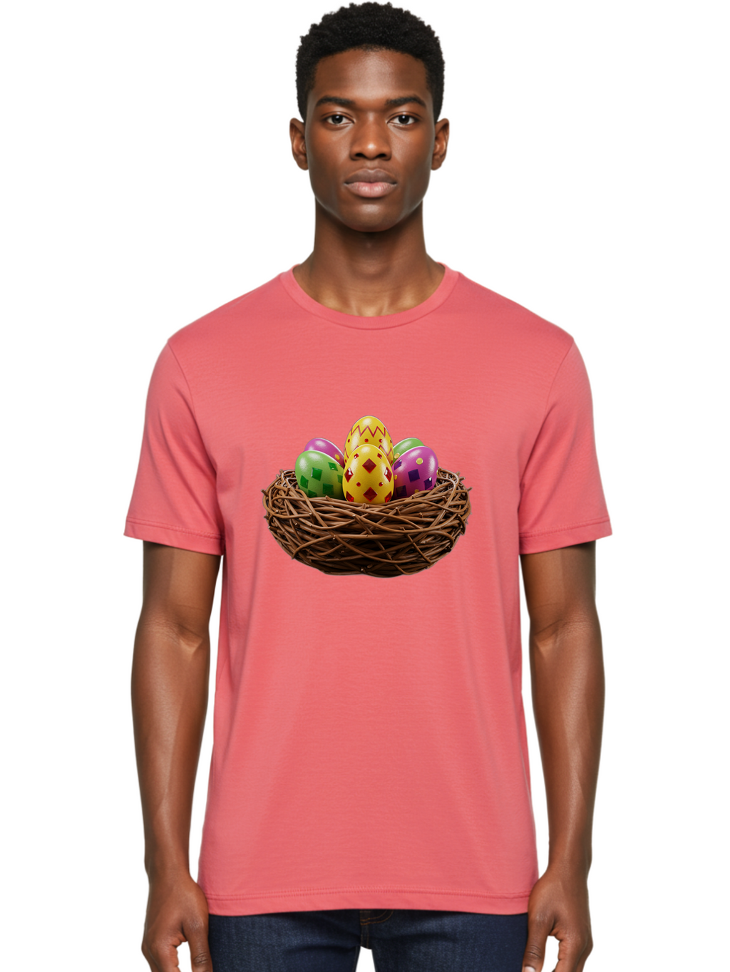 Easter-Eggs-9 Men'S Graphic Tee, 100% Cotton, Comfortable Casual Summer Wear, Machine Washable, Easter Eggs, Colorful Patterns, Diamond Shapes, Checkered Designs, Festive Decorations, Spring Holiday, Colorful Eggs, Decorative Nest Baa614