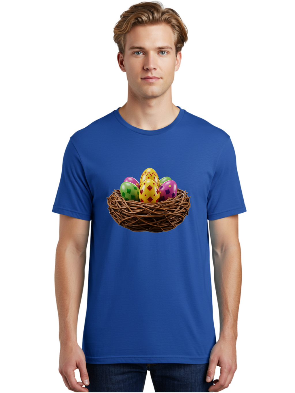 Easter-Eggs-9 Men'S Graphic Tee, 100% Cotton, Comfortable Casual Summer Wear, Machine Washable, Easter Eggs, Colorful Patterns, Diamond Shapes, Checkered Designs, Festive Decorations, Spring Holiday, Colorful Eggs, Decorative Nest Baa614