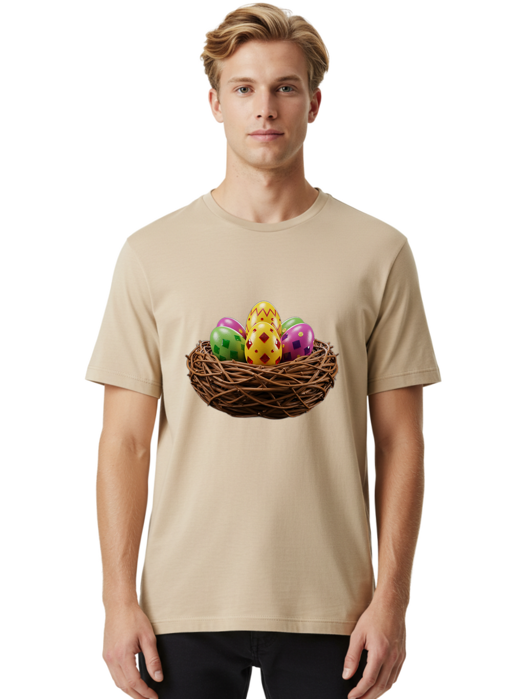 Easter-Eggs-9 Men'S Graphic Tee, 100% Cotton, Comfortable Casual Summer Wear, Machine Washable, Easter Eggs, Colorful Patterns, Diamond Shapes, Checkered Designs, Festive Decorations, Spring Holiday, Colorful Eggs, Decorative Nest Baa614