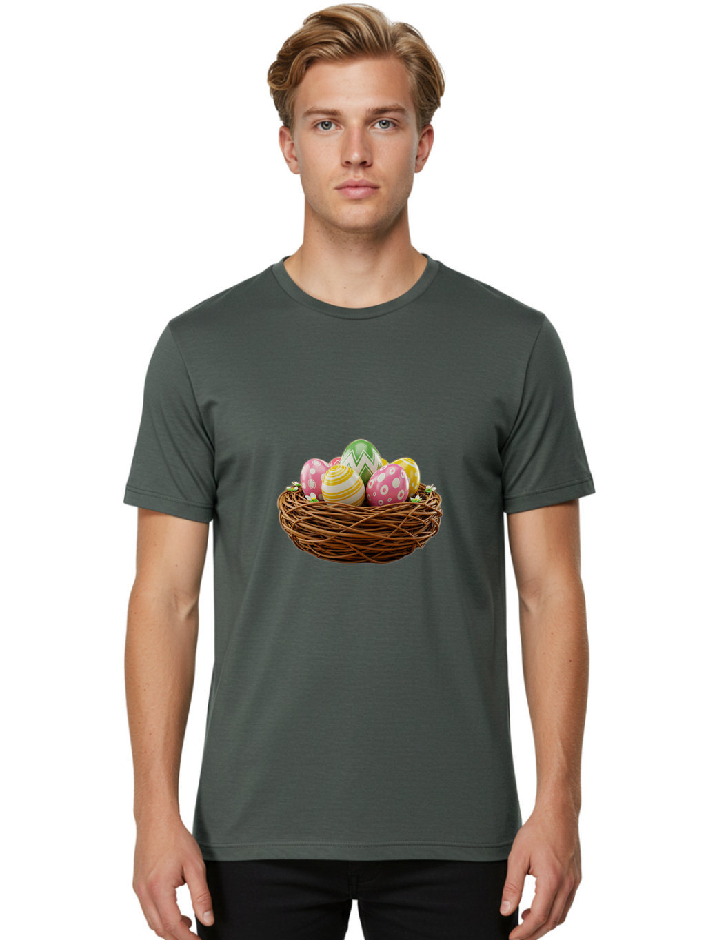 Easter-Eggs-In-Basket-1 Men'S Graphic Tee, 100% Cotton, Comfortable Casual Summer Wear, Machine Washable, Easter Eggs In A Nest, Decorative Eggs, Spring Holiday, Twig Nest, Colorful Eggs, Easter Decorations, Festive Easter Eggs, Egg Hunt, Baa615