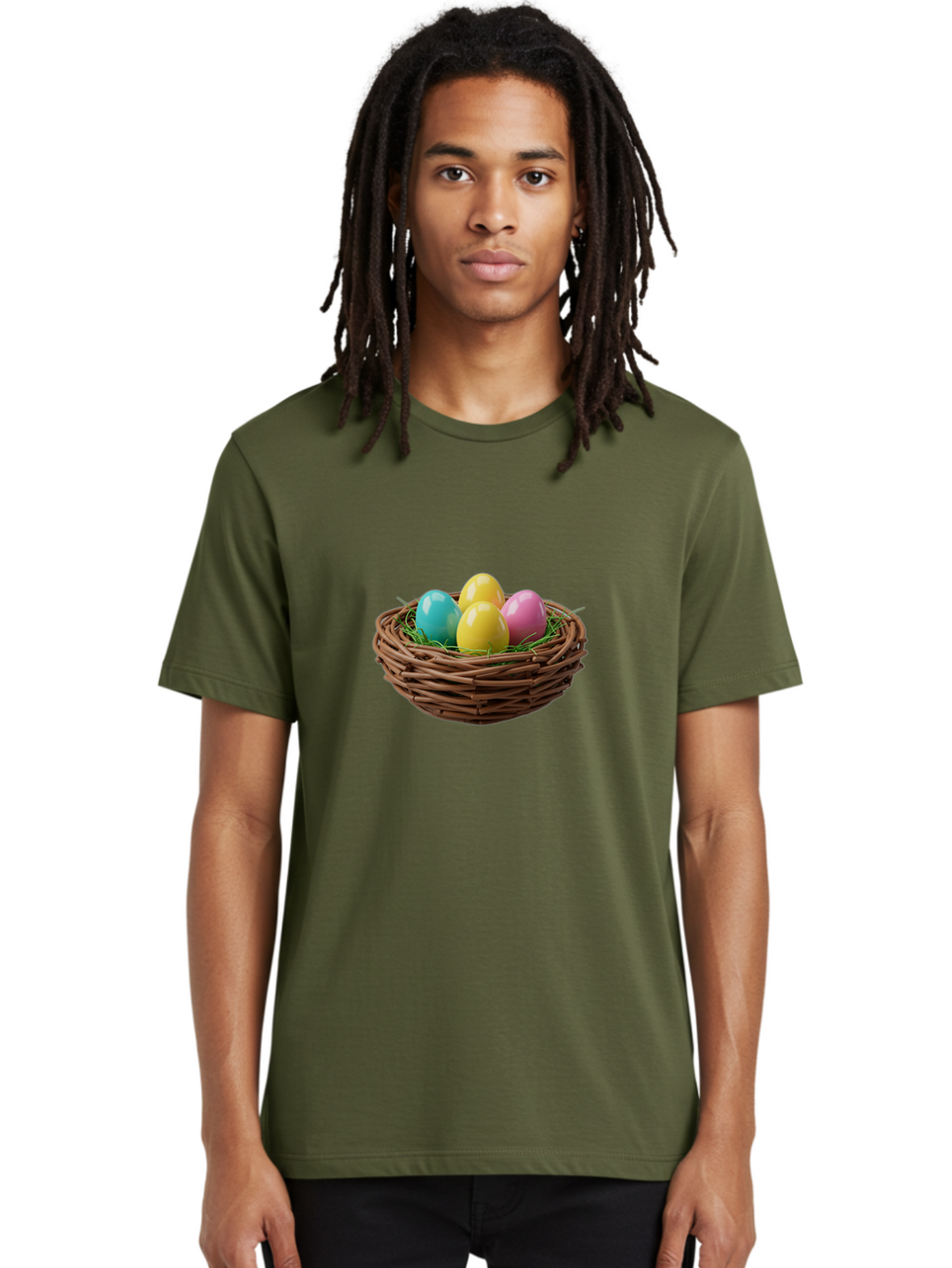 Easter-Eggs-In-Basket Men'S Graphic Tee, 100% Cotton, Comfortable Casual Summer Wear, Machine Washable, Colorful Easter Eggs, Easter Basket, Springtime Decorations, Wicker Basket, Blue Egg, Yellow Eggs, Pink Egg, Festive Colors, Baa616