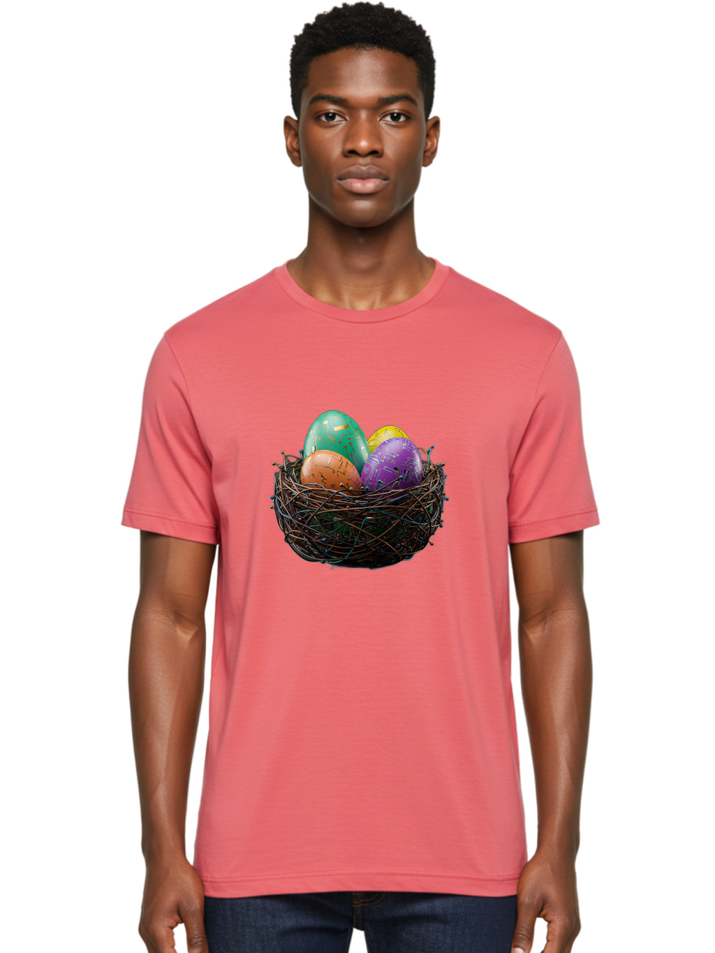 Easter-Eggs-In-Nest-1 Men'S Graphic Tee, 100% Cotton, Comfortable Casual Summer Wear, Machine Washable, Colorful Easter Eggs, Decorative Eggs, Easter Basket, Nest, Vibrant Colors, Festive Decorations, Spring Theme, Easter Celebration Baa617