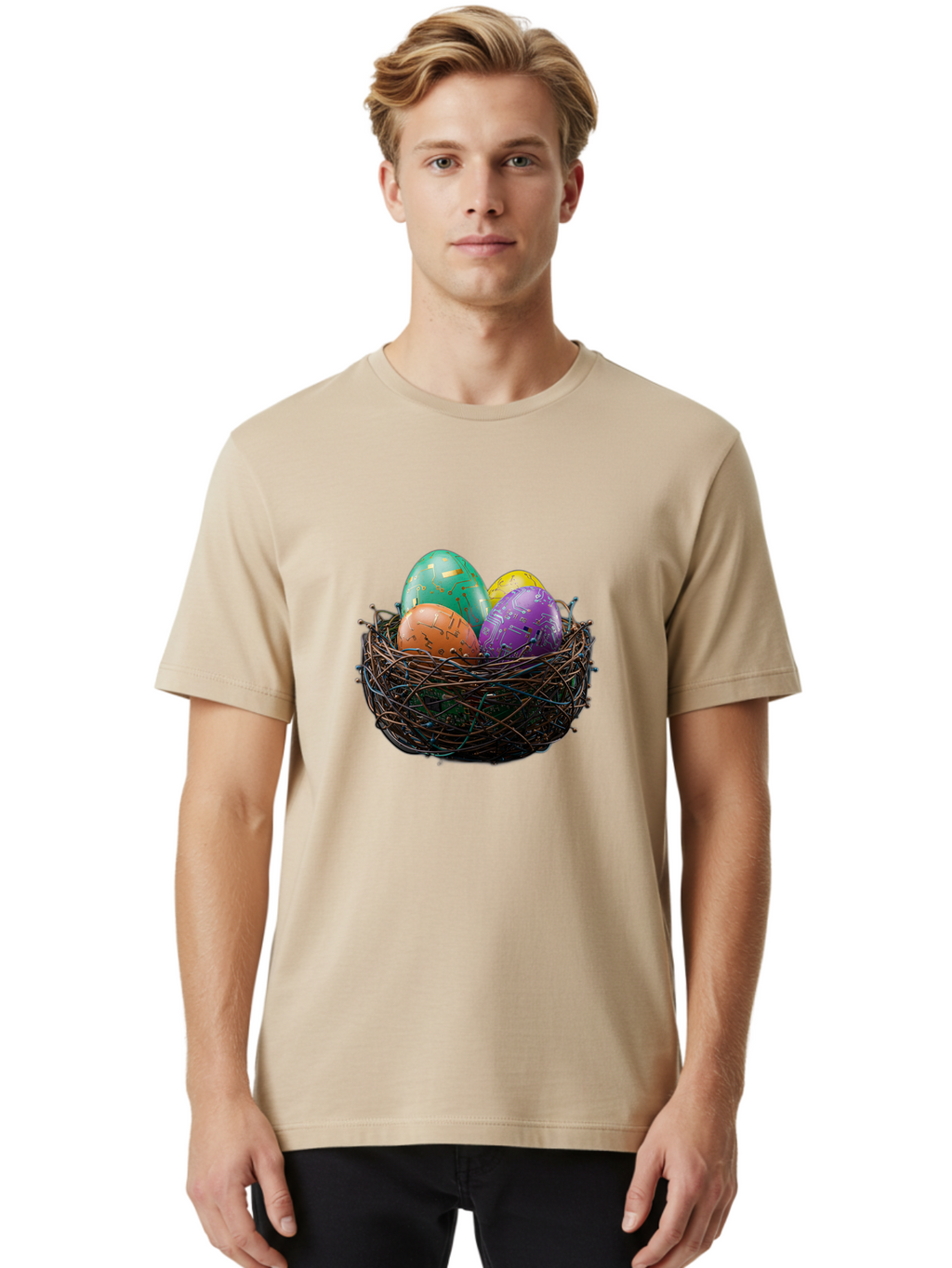 Easter-Eggs-In-Nest-1 Men'S Graphic Tee, 100% Cotton, Comfortable Casual Summer Wear, Machine Washable, Colorful Easter Eggs, Decorative Eggs, Easter Basket, Nest, Vibrant Colors, Festive Decorations, Spring Theme, Easter Celebration Baa617