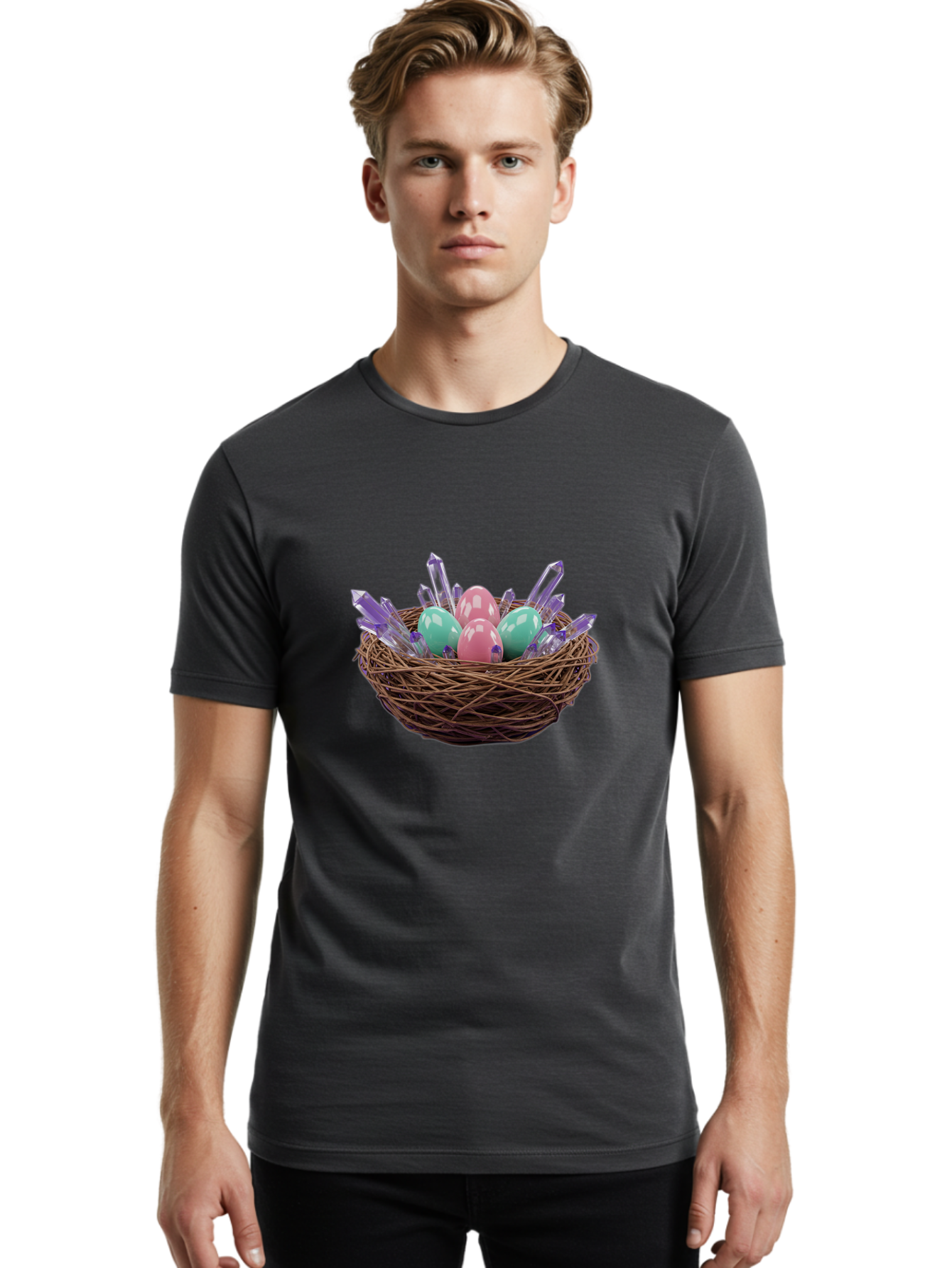 Easter-Eggs-In-Nest-2 Men'S Graphic Tee, 100% Cotton, Comfortable Casual Summer Wear, Machine Washable, Bird'S Nest, Shiny Eggs, Crystal Decorations, Pastel Colors, Easter Theme, Festive Decor, Spring Symbols, Jewelry-Inspired Design, Baa618