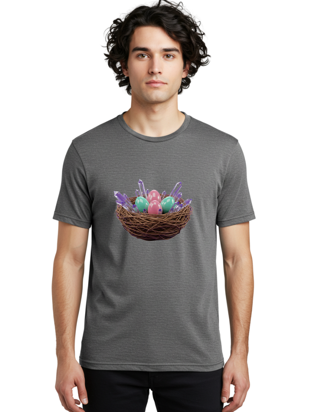 Easter-Eggs-In-Nest-2 Men'S Graphic Tee, 100% Cotton, Comfortable Casual Summer Wear, Machine Washable, Bird'S Nest, Shiny Eggs, Crystal Decorations, Pastel Colors, Easter Theme, Festive Decor, Spring Symbols, Jewelry-Inspired Design, Baa618