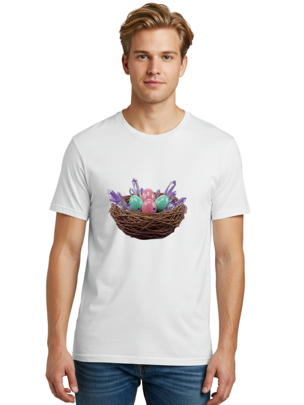 Easter-Eggs-In-Nest-2 Men'S Graphic Tee, 100% Cotton, Comfortable Casual Summer Wear, Machine Washable, Bird'S Nest, Shiny Eggs, Crystal Decorations, Pastel Colors, Easter Theme, Festive Decor, Spring Symbols, Jewelry-Inspired Design, Baa618