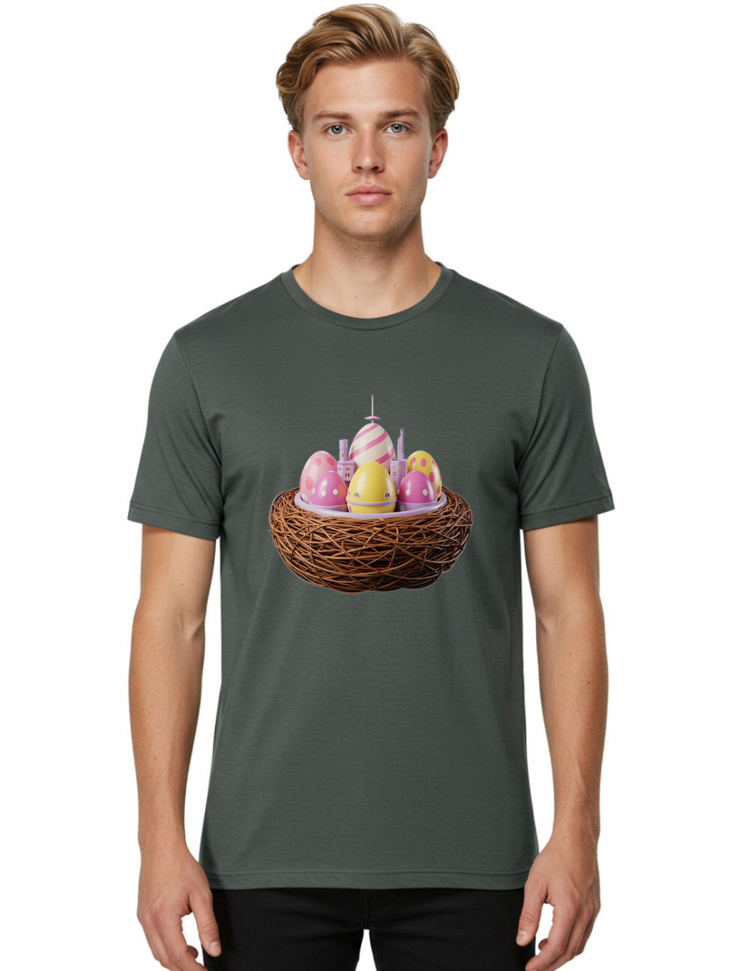 Easter-Eggs-In-Nest-3 Men'S Graphic Tee, 100% Cotton, Comfortable Casual Summer Wear, Machine Washable, Easter Eggs, Pastel Colors, Polka Dots, Stripes, Easter Holiday, Egg Hunt, Springtime, Wicker Nest, Festive Decorations, Creative Designs Baa619