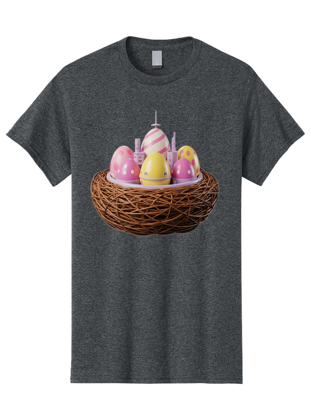 Easter-Eggs-In-Nest-3 Men'S Graphic Tee, 100% Cotton, Comfortable Casual Summer Wear, Machine Washable, Easter Eggs, Pastel Colors, Polka Dots, Stripes, Easter Holiday, Egg Hunt, Springtime, Wicker Nest, Festive Decorations, Creative Designs Baa619