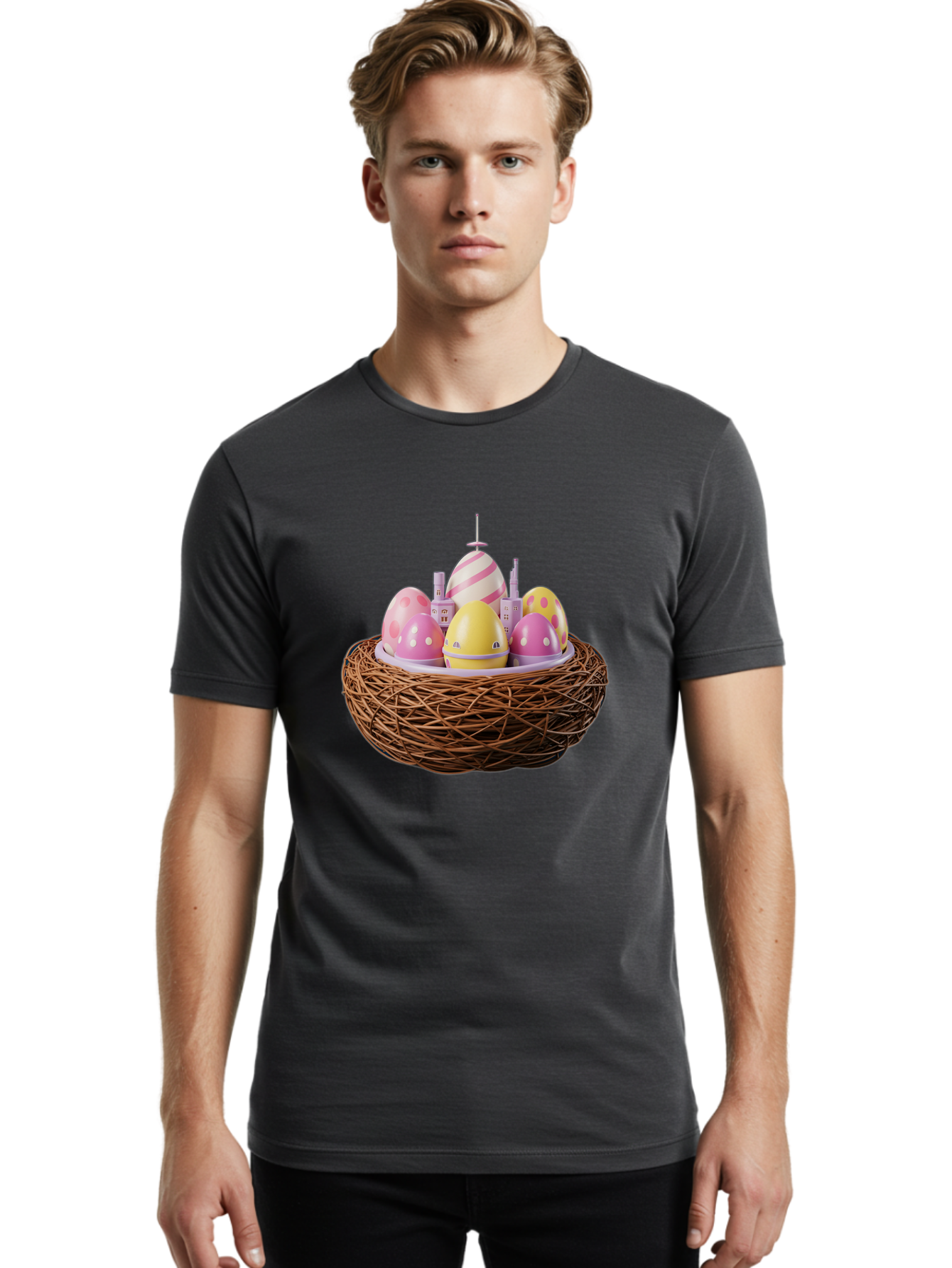 Easter-Eggs-In-Nest-3 Men'S Graphic Tee, 100% Cotton, Comfortable Casual Summer Wear, Machine Washable, Easter Eggs, Pastel Colors, Polka Dots, Stripes, Easter Holiday, Egg Hunt, Springtime, Wicker Nest, Festive Decorations, Creative Designs Baa619