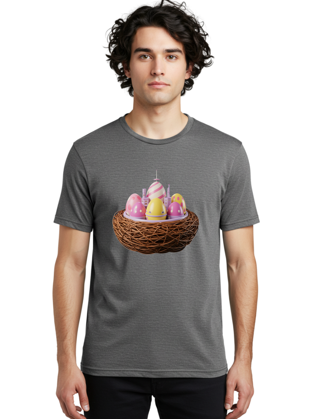 Easter-Eggs-In-Nest-3 Men'S Graphic Tee, 100% Cotton, Comfortable Casual Summer Wear, Machine Washable, Easter Eggs, Pastel Colors, Polka Dots, Stripes, Easter Holiday, Egg Hunt, Springtime, Wicker Nest, Festive Decorations, Creative Designs Baa619