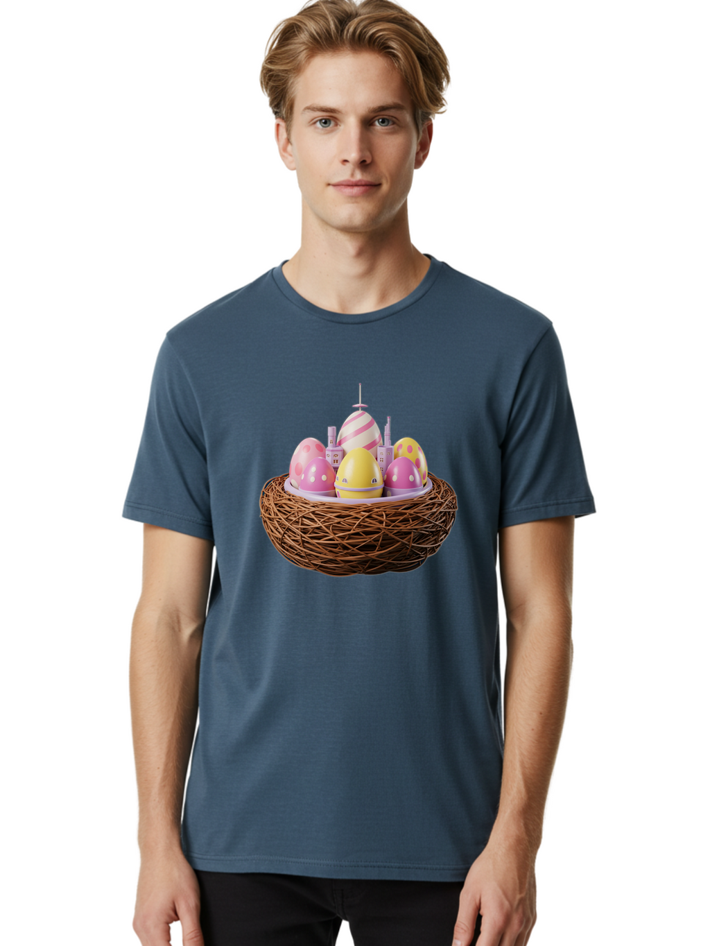 Easter-Eggs-In-Nest-3 Men'S Graphic Tee, 100% Cotton, Comfortable Casual Summer Wear, Machine Washable, Easter Eggs, Pastel Colors, Polka Dots, Stripes, Easter Holiday, Egg Hunt, Springtime, Wicker Nest, Festive Decorations, Creative Designs Baa619