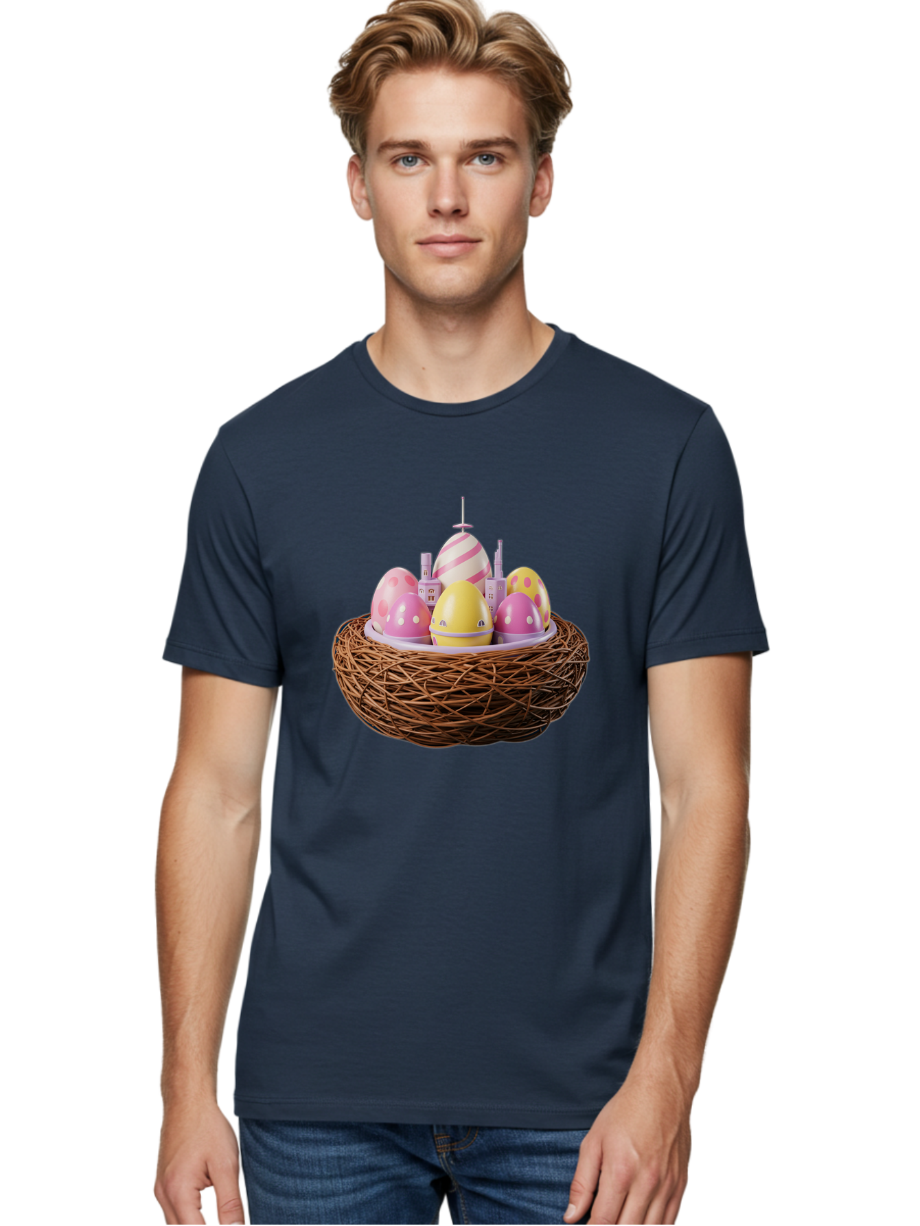 Easter-Eggs-In-Nest-3 Men'S Graphic Tee, 100% Cotton, Comfortable Casual Summer Wear, Machine Washable, Easter Eggs, Pastel Colors, Polka Dots, Stripes, Easter Holiday, Egg Hunt, Springtime, Wicker Nest, Festive Decorations, Creative Designs Baa619