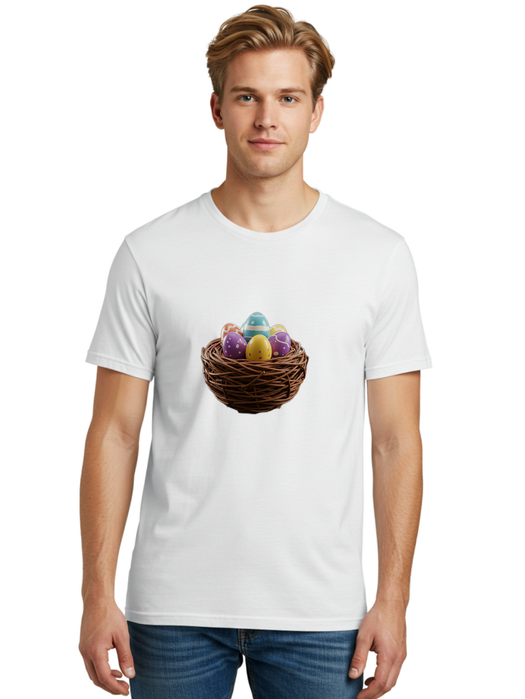Easter-Eggs-In-Nest Men'S Graphic Tee, 100% Cotton, Comfortable Casual Summer Wear, Machine Washable, Colorful Easter Eggs, Decorated Eggs, Nest With Eggs, Easter Nest, Springtime Eggs, Easter Decoration, Vibrant Eggs, Festive Eggs, Baa620