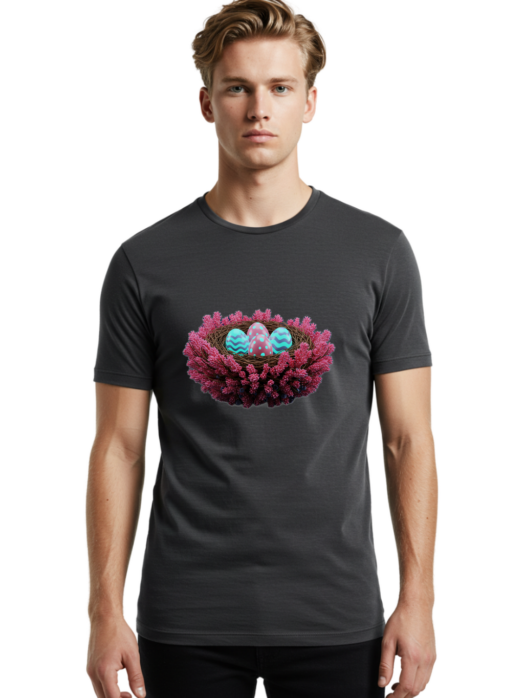 Easter-Eggs-Nest Men'S Graphic Tee, 100% Cotton, Comfortable Casual Summer Wear, Machine Washable, Easter Eggs, Decorated Eggs, Nest, Flowers, Spring, Easter Celebration, Colorful Eggs, Wavy Lines, Dots, Festive Decor Baa621