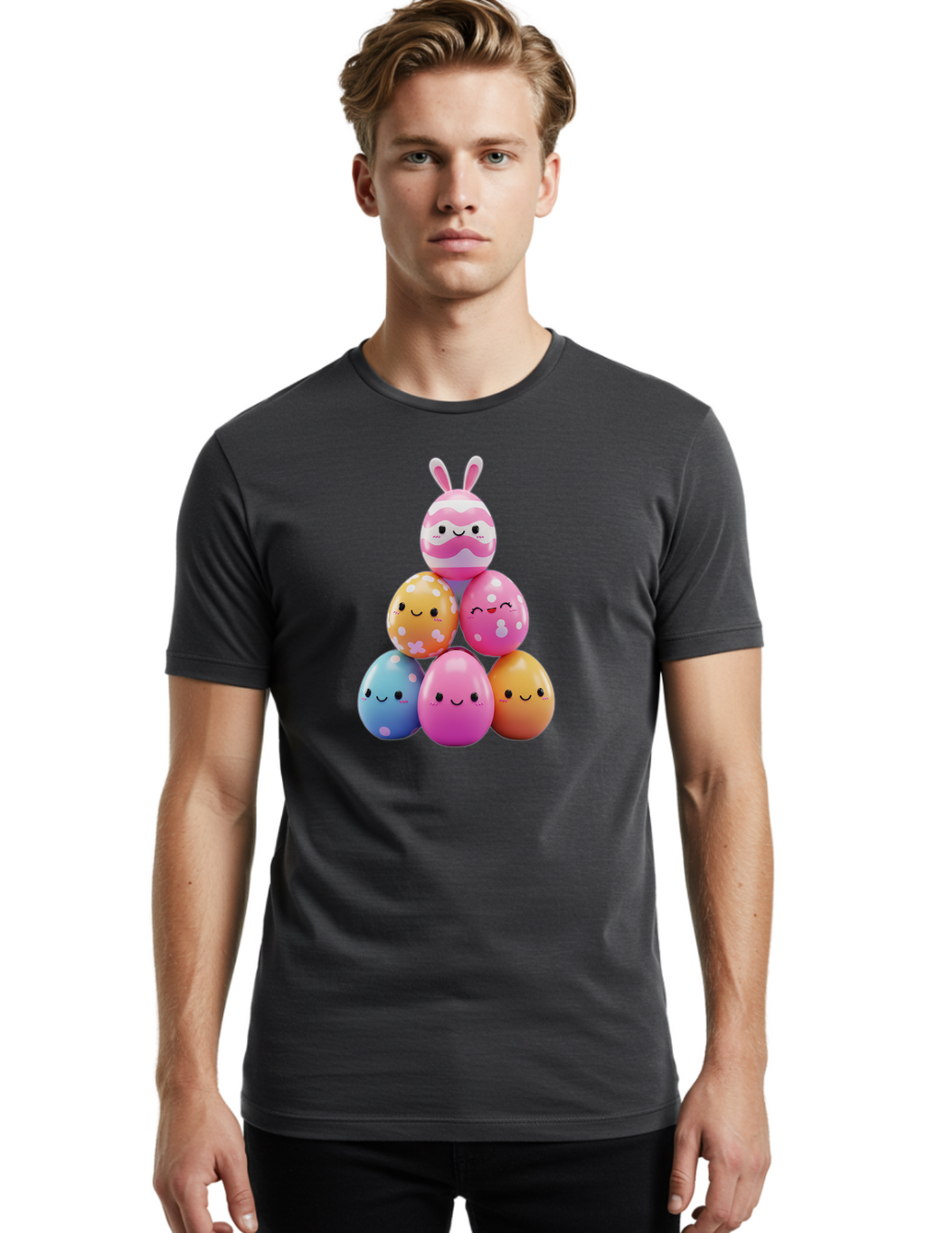 Easter-Eggs-Pyramid Men'S Graphic Tee, 100% Cotton, Comfortable Casual Summer Wear, Machine Washable, Easter Eggs, Colorful Eggs, Cute Eggs, Easter Bunny, Happy Face, Pastel Colors, Polka Dot Eggs, Easter Decoration, Spring Theme, Festive Eggs Baa622