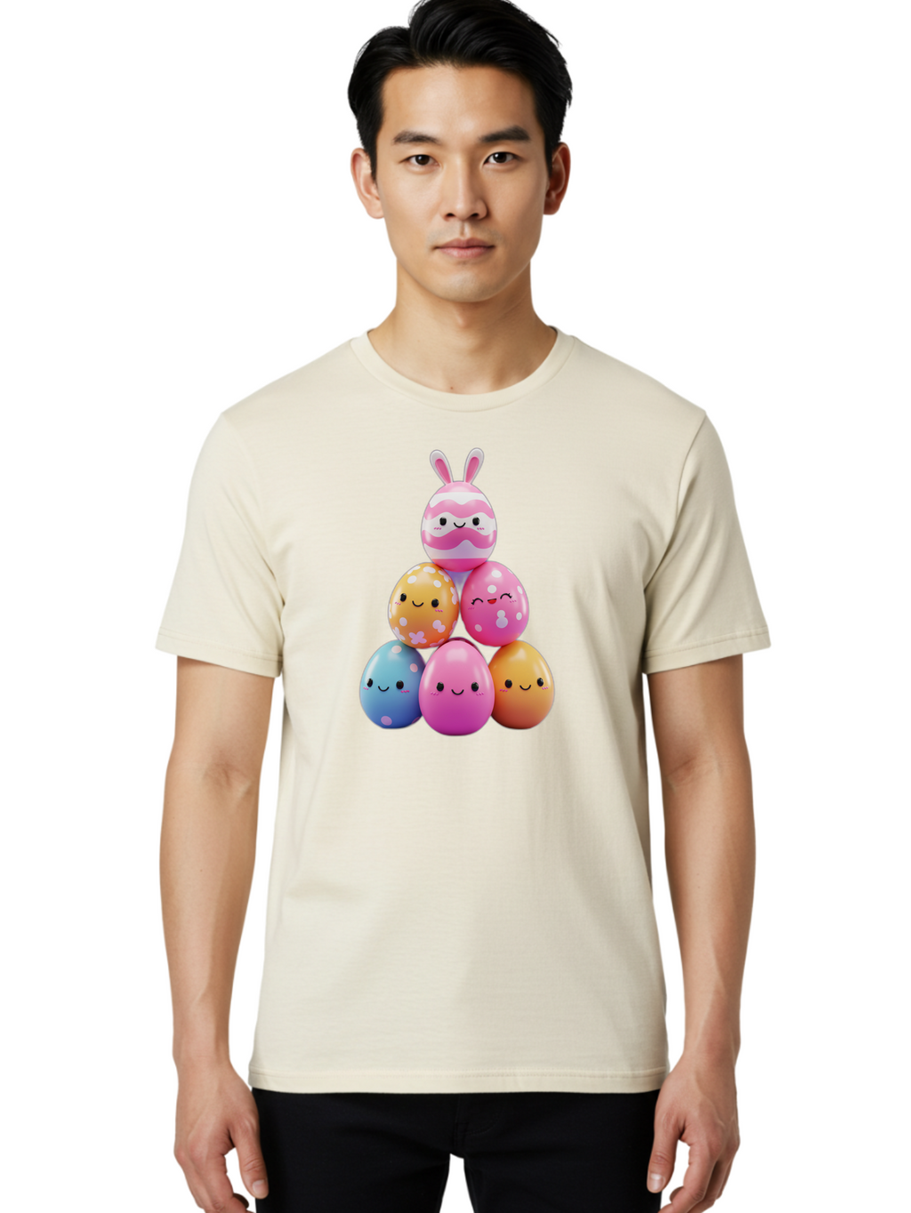 Easter-Eggs-Pyramid Men'S Graphic Tee, 100% Cotton, Comfortable Casual Summer Wear, Machine Washable, Easter Eggs, Colorful Eggs, Cute Eggs, Easter Bunny, Happy Face, Pastel Colors, Polka Dot Eggs, Easter Decoration, Spring Theme, Festive Eggs Baa622