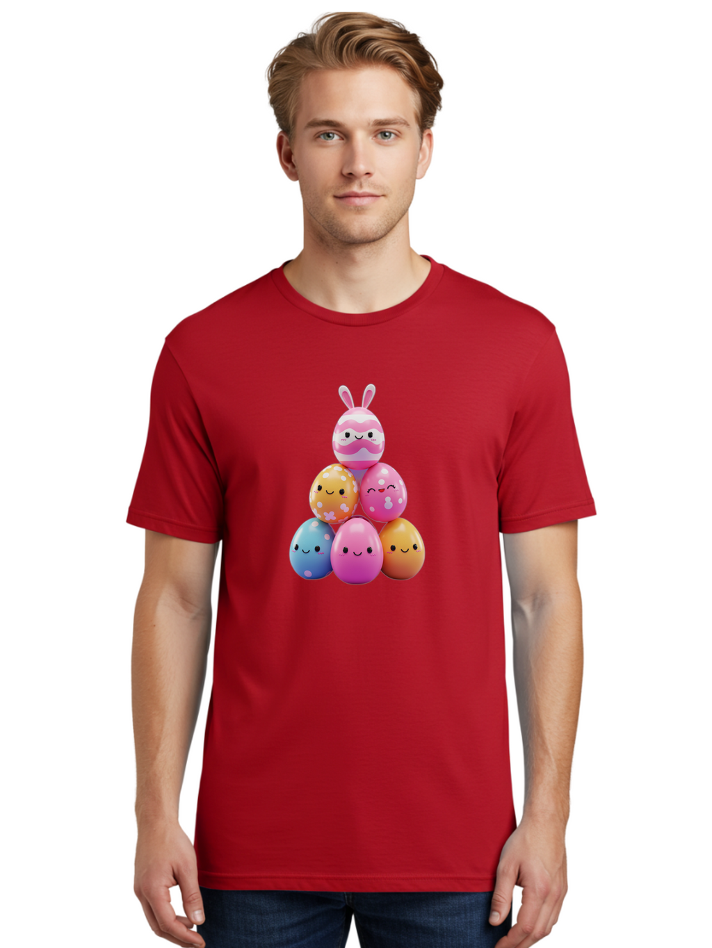 Easter-Eggs-Pyramid Men'S Graphic Tee, 100% Cotton, Comfortable Casual Summer Wear, Machine Washable, Easter Eggs, Colorful Eggs, Cute Eggs, Easter Bunny, Happy Face, Pastel Colors, Polka Dot Eggs, Easter Decoration, Spring Theme, Festive Eggs Baa622