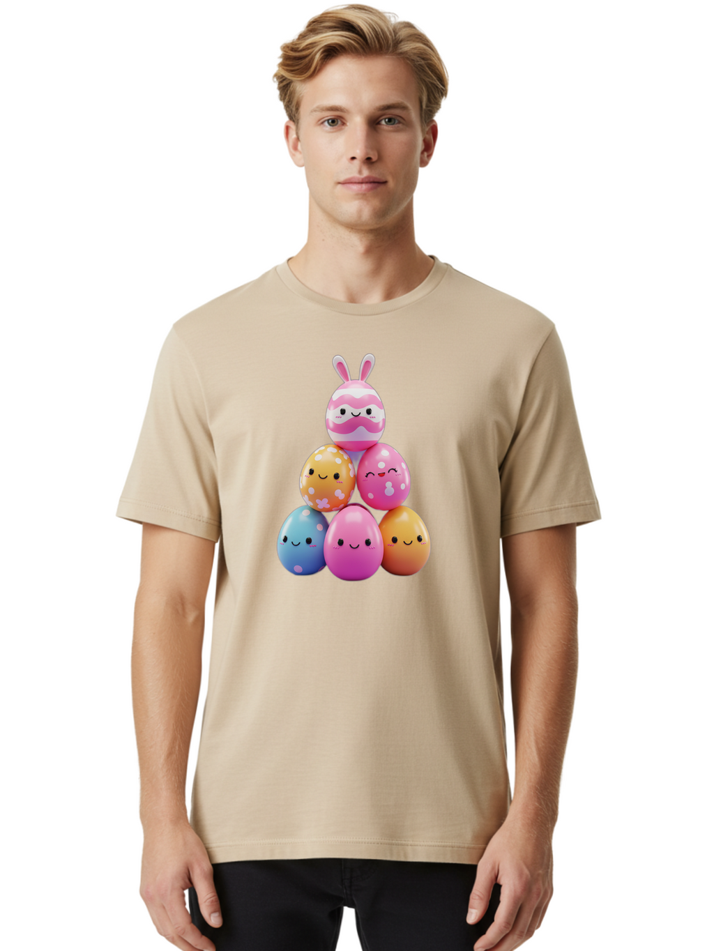 Easter-Eggs-Pyramid Men'S Graphic Tee, 100% Cotton, Comfortable Casual Summer Wear, Machine Washable, Easter Eggs, Colorful Eggs, Cute Eggs, Easter Bunny, Happy Face, Pastel Colors, Polka Dot Eggs, Easter Decoration, Spring Theme, Festive Eggs Baa622