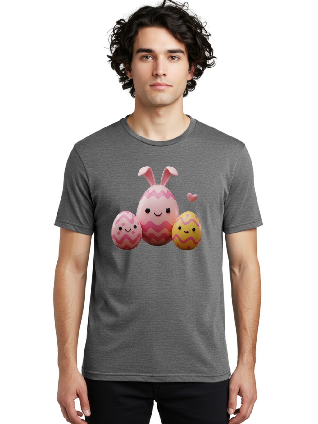 Easter-Eggs-With-Bunny-Ears-1 Men'S Graphic Tee, 100% Cotton, Comfortable Casual Summer Wear, Machine Washable, Easter Eggs, Cartoon Eggs, Happy Easter, Easter Bunny, Pink Eggs, Yellow Eggs, Cute Eggs, Smiling Faces, Pink Hearts, Baa623