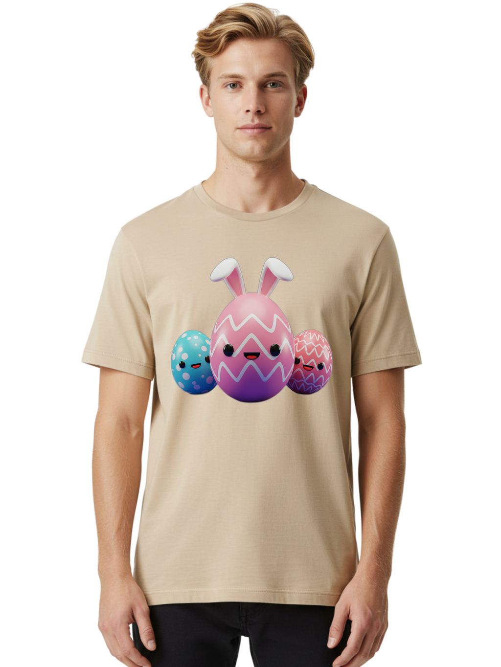 Easter-Eggs-With-Bunny-Ears Men'S Graphic Tee, 100% Cotton, Comfortable Casual Summer Wear, Machine Washable, Easter Eggs, Colorful Eggs, Decorated Eggs, Festive Eggs, Egg Hunt, Spring Season, Pastel Colors, Cute Eggs, Easter Celebration, Baa624