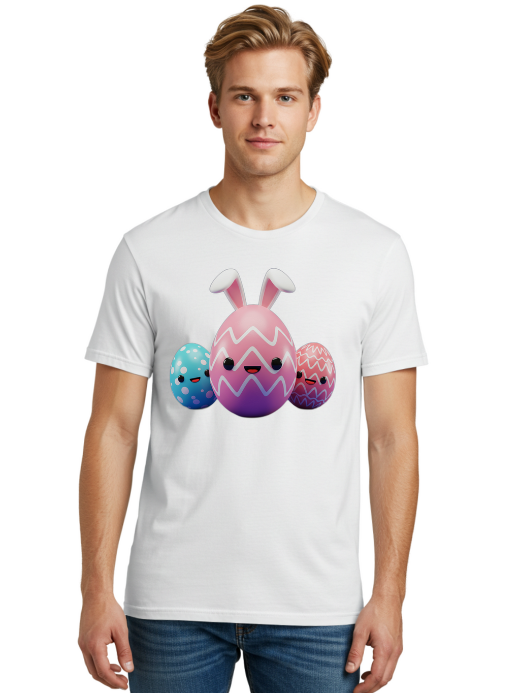 Easter-Eggs-With-Bunny-Ears Men'S Graphic Tee, 100% Cotton, Comfortable Casual Summer Wear, Machine Washable, Easter Eggs, Colorful Eggs, Decorated Eggs, Festive Eggs, Egg Hunt, Spring Season, Pastel Colors, Cute Eggs, Easter Celebration, Baa624