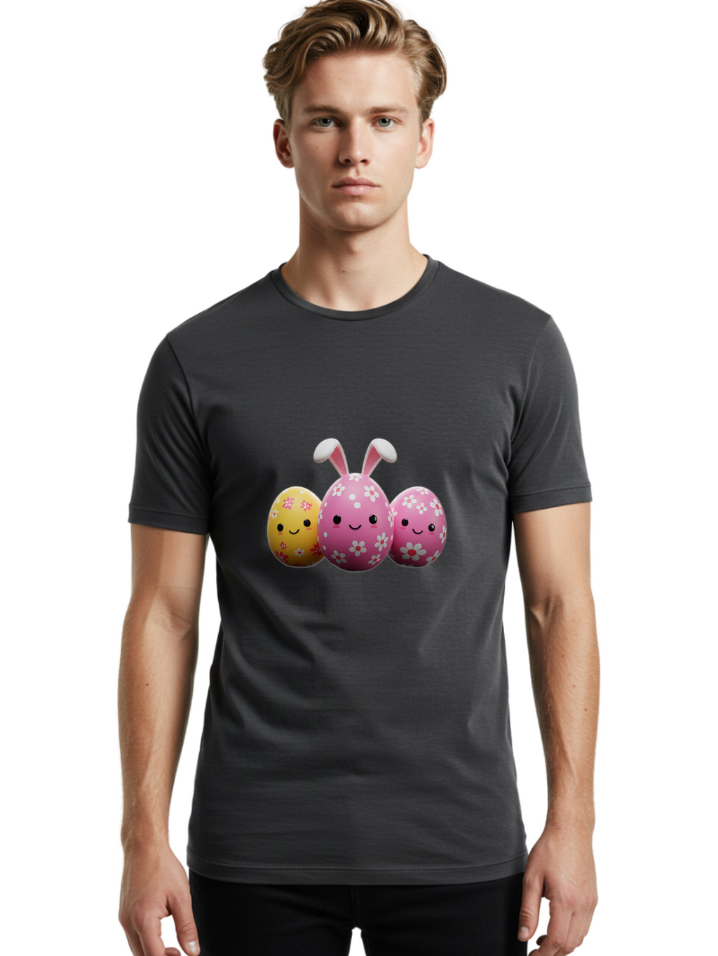 Easter-Eggs-With-Flowers Men'S Graphic Tee, 100% Cotton, Comfortable Casual Summer Wear, Machine Washable, Easter Eggs, Floral Patterns, Cute Characters, Smiling Faces, Bunny Ears, Pastel Colors, Happy Easter, Spring Decorations, Baa625