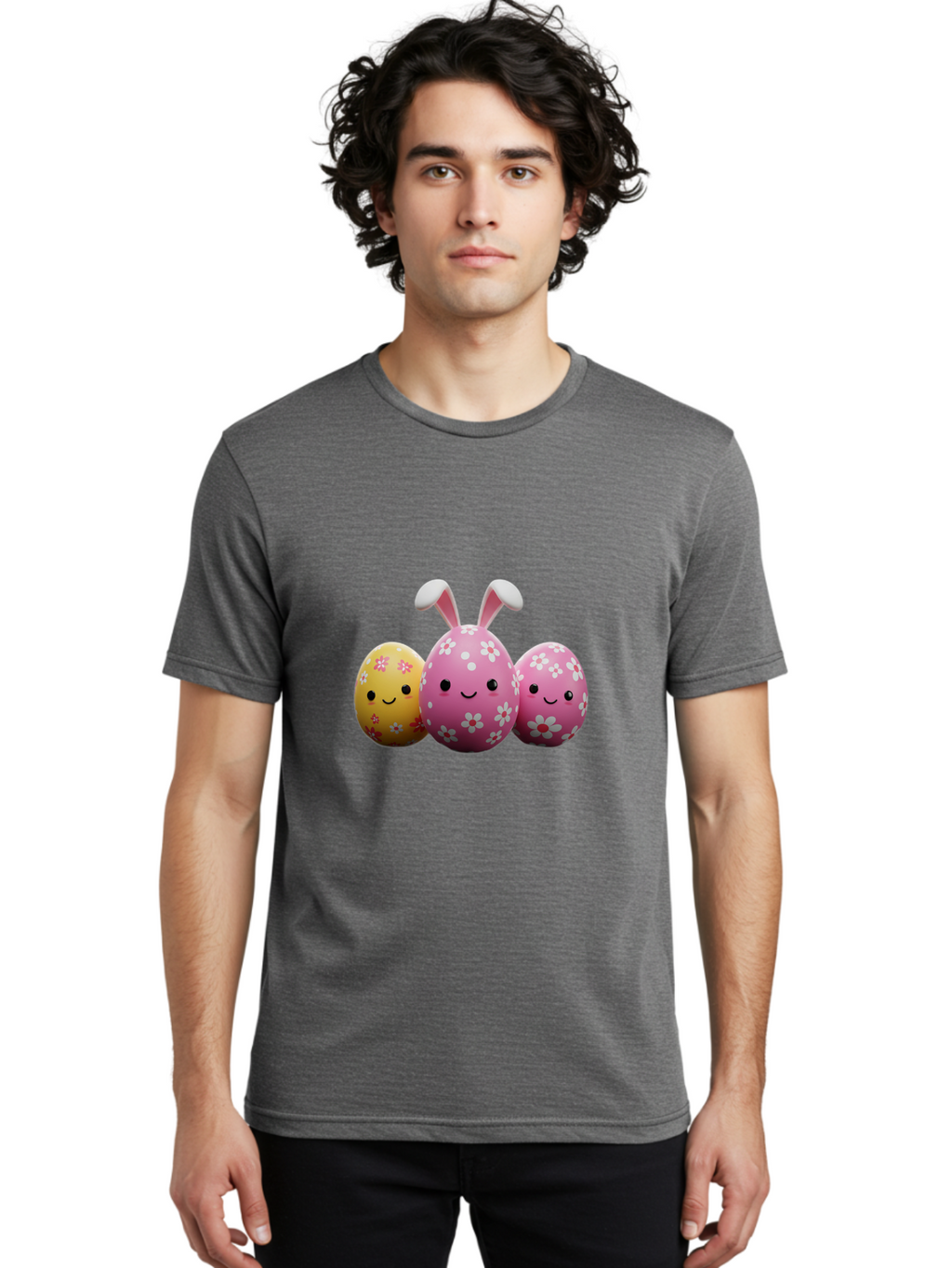Easter-Eggs-With-Flowers Men'S Graphic Tee, 100% Cotton, Comfortable Casual Summer Wear, Machine Washable, Easter Eggs, Floral Patterns, Cute Characters, Smiling Faces, Bunny Ears, Pastel Colors, Happy Easter, Spring Decorations, Baa625