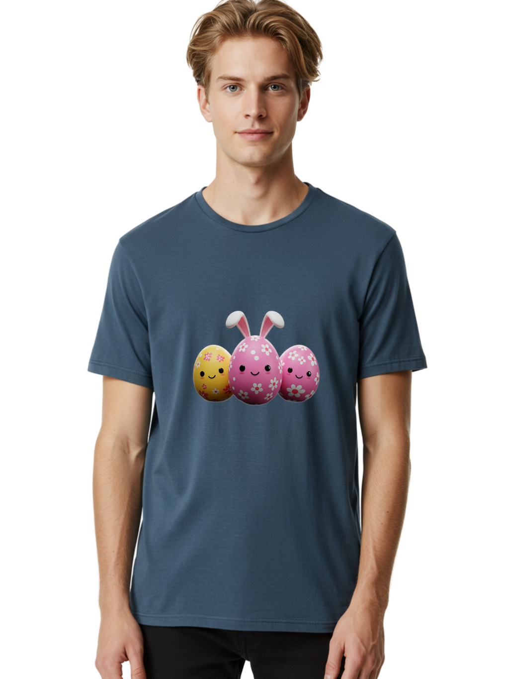 Easter-Eggs-With-Flowers Men'S Graphic Tee, 100% Cotton, Comfortable Casual Summer Wear, Machine Washable, Easter Eggs, Floral Patterns, Cute Characters, Smiling Faces, Bunny Ears, Pastel Colors, Happy Easter, Spring Decorations, Baa625