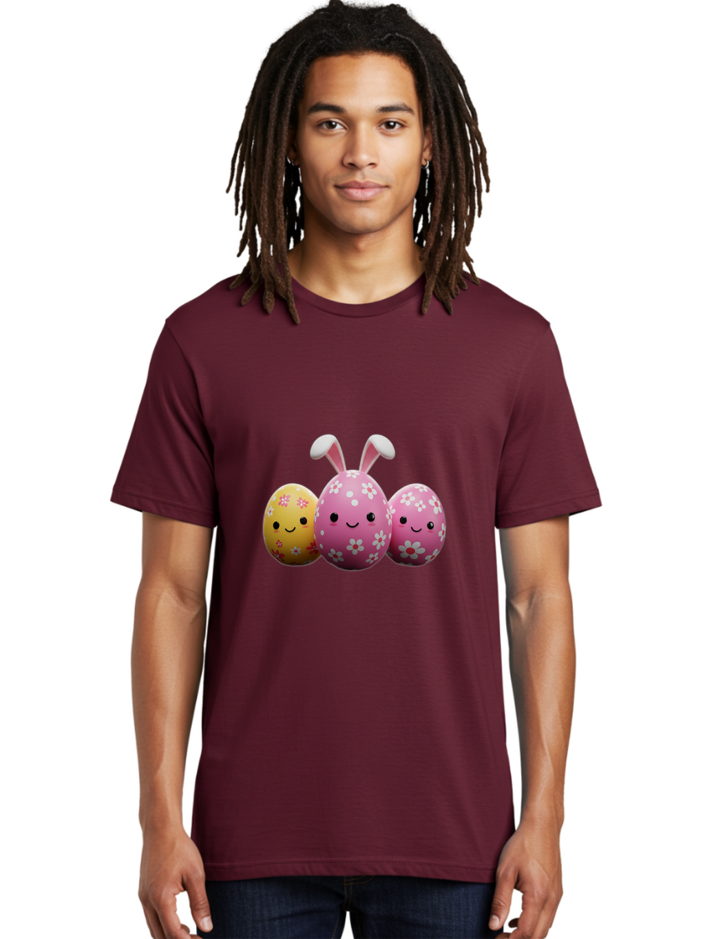 Easter-Eggs-With-Flowers Men'S Graphic Tee, 100% Cotton, Comfortable Casual Summer Wear, Machine Washable, Easter Eggs, Floral Patterns, Cute Characters, Smiling Faces, Bunny Ears, Pastel Colors, Happy Easter, Spring Decorations, Baa625