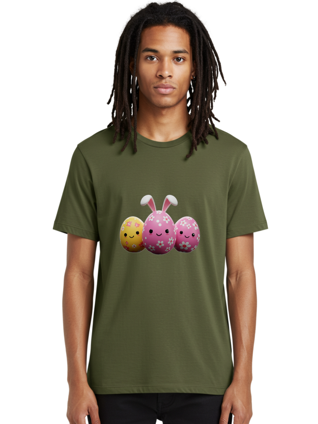 Easter-Eggs-With-Flowers Men'S Graphic Tee, 100% Cotton, Comfortable Casual Summer Wear, Machine Washable, Easter Eggs, Floral Patterns, Cute Characters, Smiling Faces, Bunny Ears, Pastel Colors, Happy Easter, Spring Decorations, Baa625