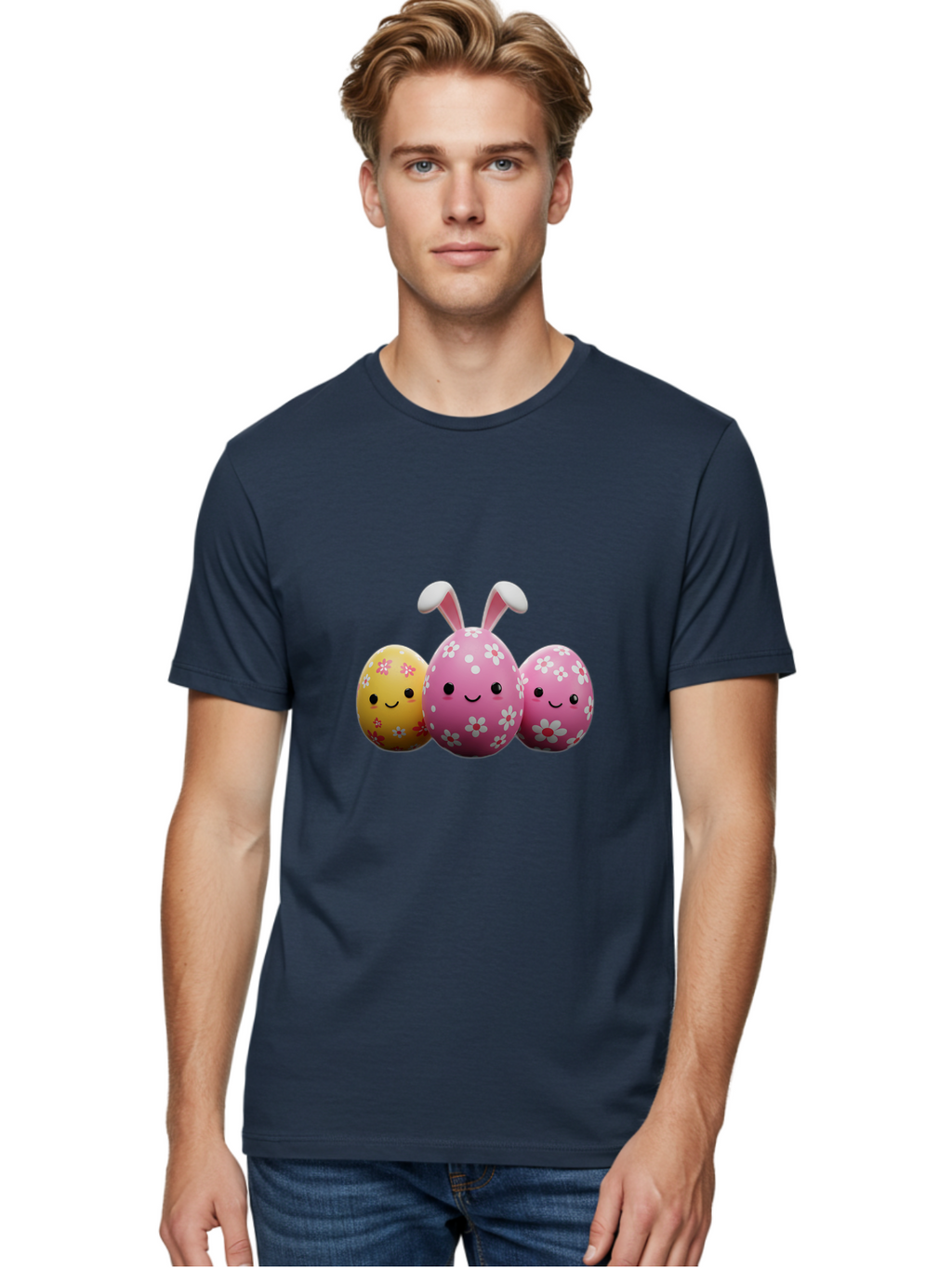 Easter-Eggs-With-Flowers Men'S Graphic Tee, 100% Cotton, Comfortable Casual Summer Wear, Machine Washable, Easter Eggs, Floral Patterns, Cute Characters, Smiling Faces, Bunny Ears, Pastel Colors, Happy Easter, Spring Decorations, Baa625