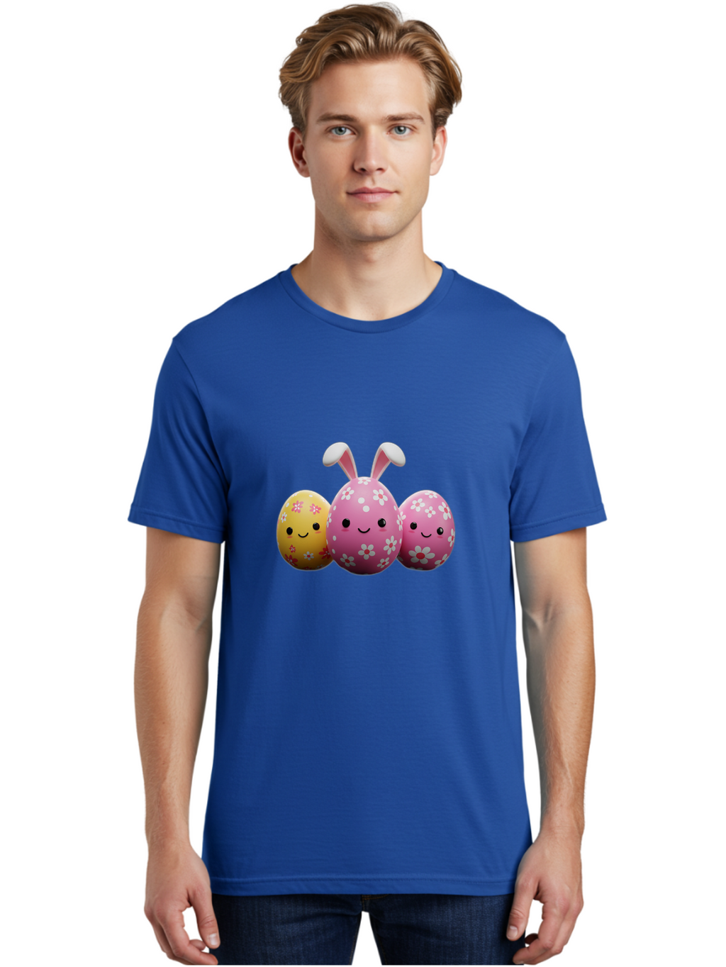 Easter-Eggs-With-Flowers Men'S Graphic Tee, 100% Cotton, Comfortable Casual Summer Wear, Machine Washable, Easter Eggs, Floral Patterns, Cute Characters, Smiling Faces, Bunny Ears, Pastel Colors, Happy Easter, Spring Decorations, Baa625