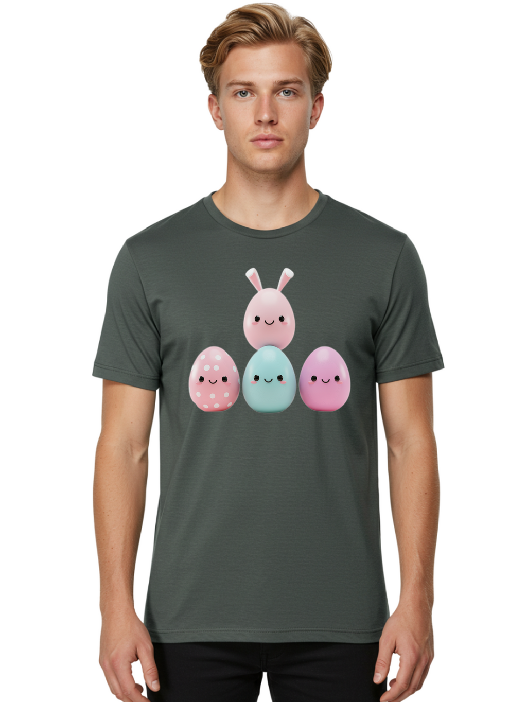 Easter-Eggs Men'S Graphic Tee, 100% Cotton, Comfortable Casual Summer Wear, Machine Washable, Easter Eggs, Cartoon Eggs, Smiling Eggs, Pastel Colors, Decorative Eggs, Easter Theme, Cute Eggs, Egg Characters, Digital Illustration, Baa626
