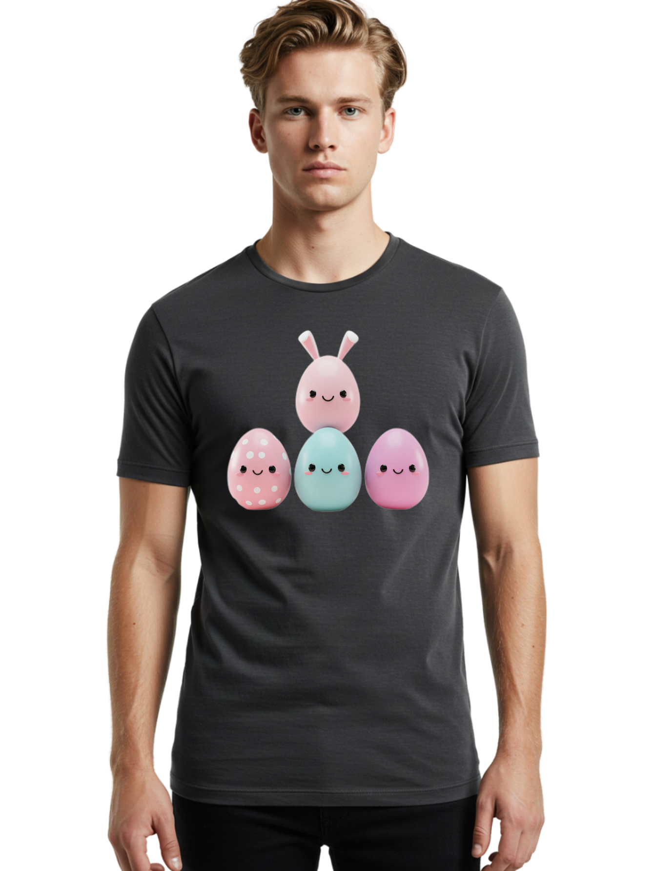 Easter-Eggs Men'S Graphic Tee, 100% Cotton, Comfortable Casual Summer Wear, Machine Washable, Easter Eggs, Cartoon Eggs, Smiling Eggs, Pastel Colors, Decorative Eggs, Easter Theme, Cute Eggs, Egg Characters, Digital Illustration, Baa626