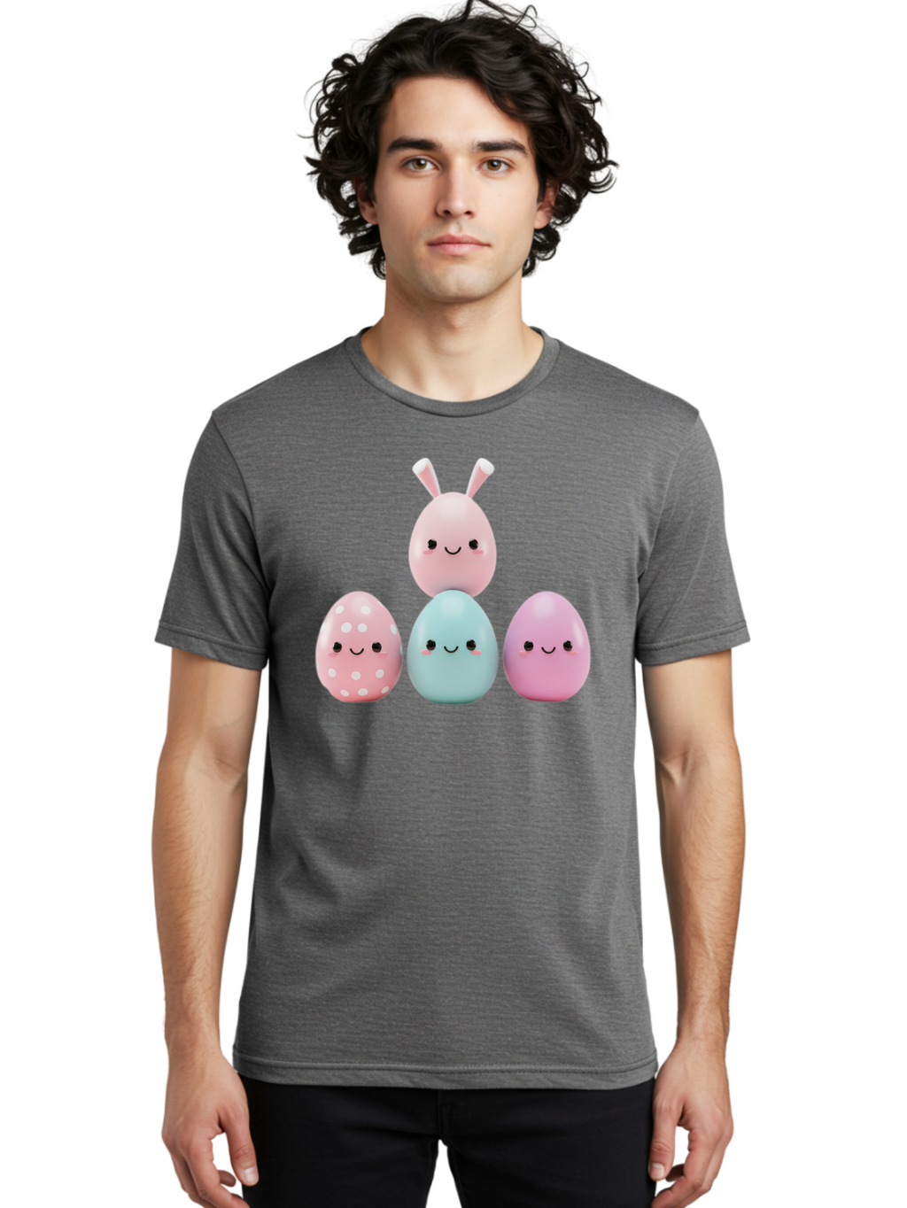 Easter-Eggs Men'S Graphic Tee, 100% Cotton, Comfortable Casual Summer Wear, Machine Washable, Easter Eggs, Cartoon Eggs, Smiling Eggs, Pastel Colors, Decorative Eggs, Easter Theme, Cute Eggs, Egg Characters, Digital Illustration, Baa626