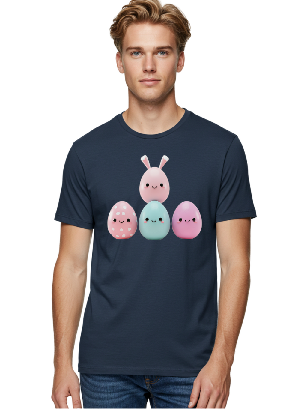 Easter-Eggs Men'S Graphic Tee, 100% Cotton, Comfortable Casual Summer Wear, Machine Washable, Easter Eggs, Cartoon Eggs, Smiling Eggs, Pastel Colors, Decorative Eggs, Easter Theme, Cute Eggs, Egg Characters, Digital Illustration, Baa626