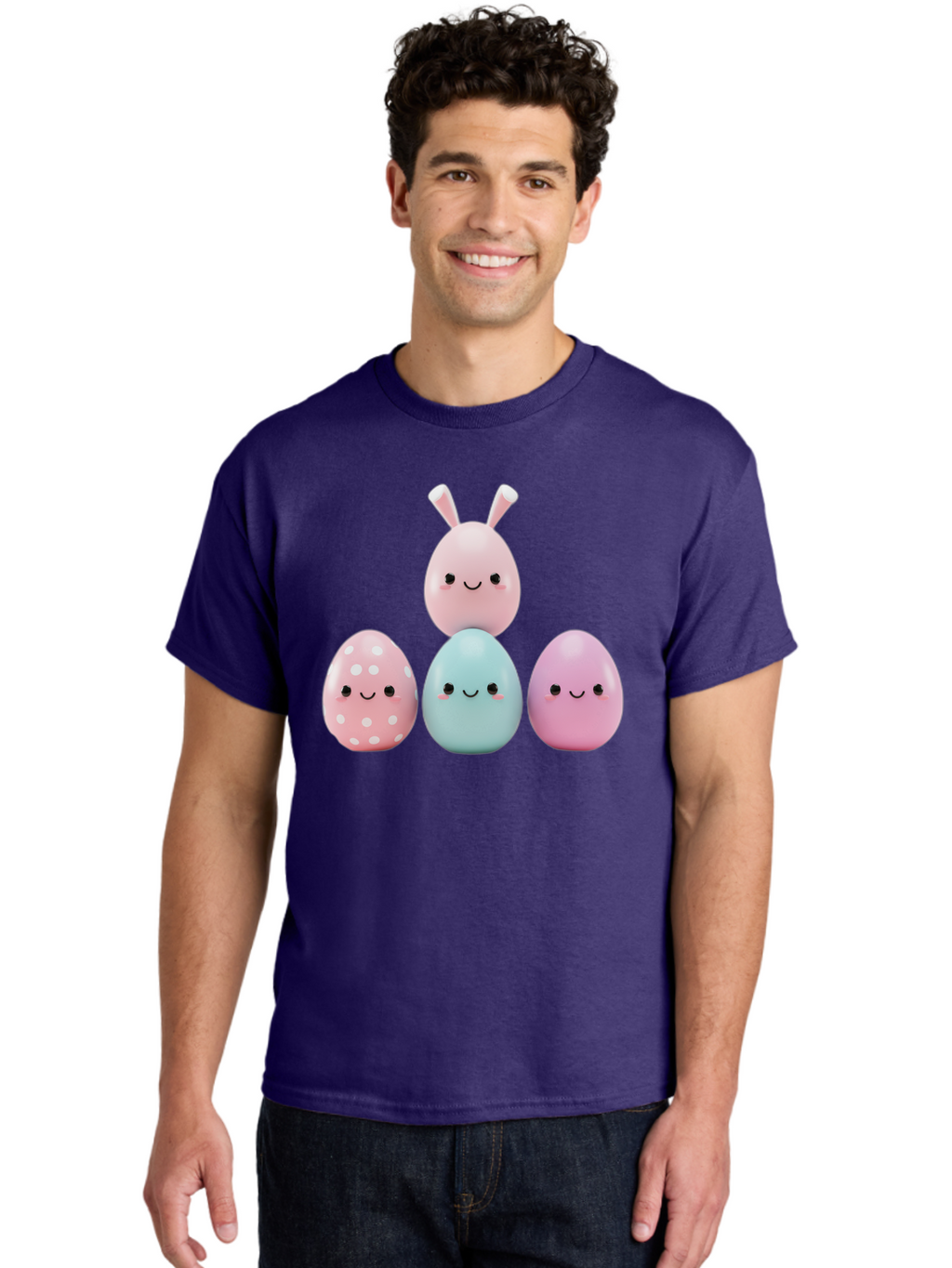 Easter-Eggs Men'S Graphic Tee, 100% Cotton, Comfortable Casual Summer Wear, Machine Washable, Easter Eggs, Cartoon Eggs, Smiling Eggs, Pastel Colors, Decorative Eggs, Easter Theme, Cute Eggs, Egg Characters, Digital Illustration, Baa626