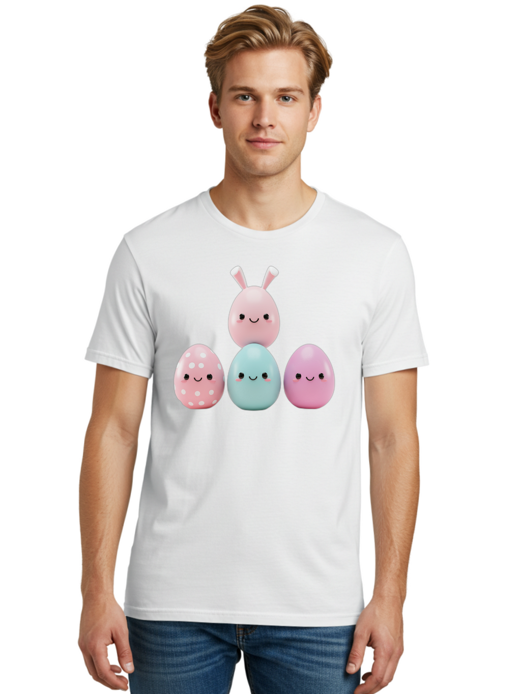 Easter-Eggs Men'S Graphic Tee, 100% Cotton, Comfortable Casual Summer Wear, Machine Washable, Easter Eggs, Cartoon Eggs, Smiling Eggs, Pastel Colors, Decorative Eggs, Easter Theme, Cute Eggs, Egg Characters, Digital Illustration, Baa626
