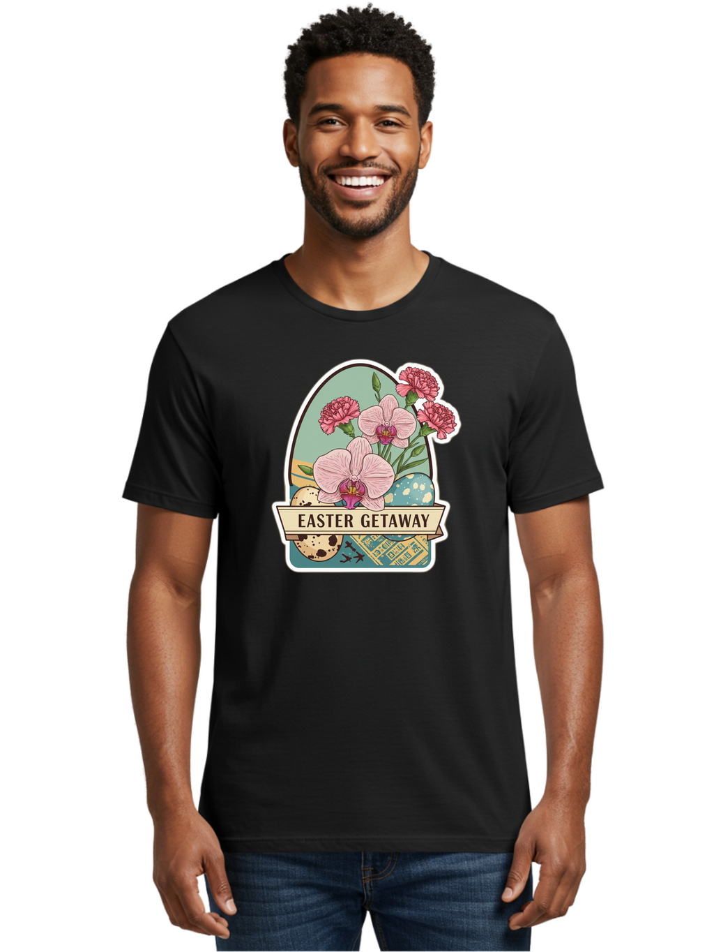 Easter-Getaway Men'S Graphic Tee, 100% Cotton, Comfortable Casual Summer Wear, Machine Washable, Easter Getaway, Easter Egg, Pink Orchids, Carnations, Eggs, Birds, Decorative Egg, Easter Flowers, Spring Flowers, Pastel Colors, Baa628