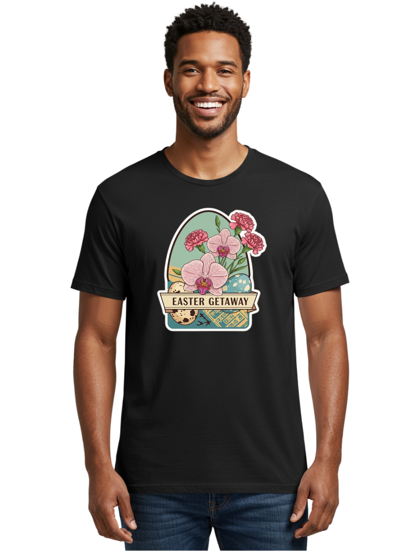 Easter-Getaway Men'S Graphic Tee, 100% Cotton, Comfortable Casual Summer Wear, Machine Washable, Easter Getaway, Easter Egg, Pink Orchids, Carnations, Eggs, Birds, Decorative Egg, Easter Flowers, Spring Flowers, Pastel Colors, Baa628