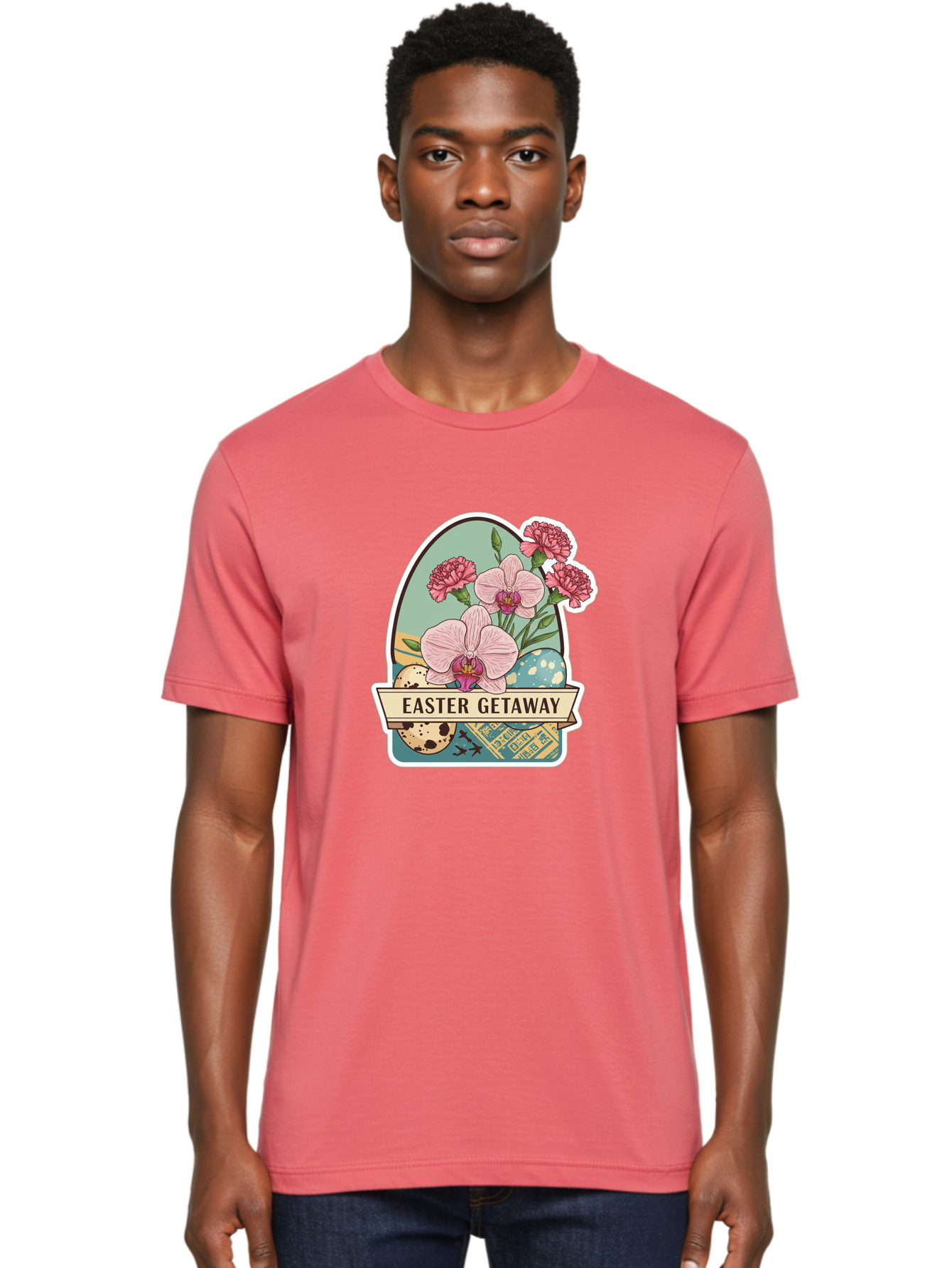 Easter-Getaway Men'S Graphic Tee, 100% Cotton, Comfortable Casual Summer Wear, Machine Washable, Easter Getaway, Easter Egg, Pink Orchids, Carnations, Eggs, Birds, Decorative Egg, Easter Flowers, Spring Flowers, Pastel Colors, Baa628