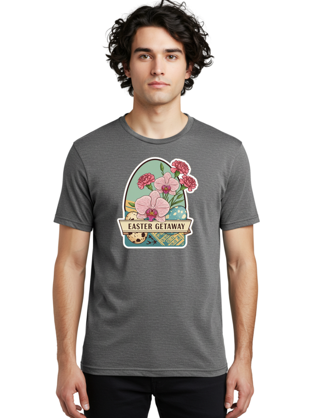 Easter-Getaway Men'S Graphic Tee, 100% Cotton, Comfortable Casual Summer Wear, Machine Washable, Easter Getaway, Easter Egg, Pink Orchids, Carnations, Eggs, Birds, Decorative Egg, Easter Flowers, Spring Flowers, Pastel Colors, Baa628
