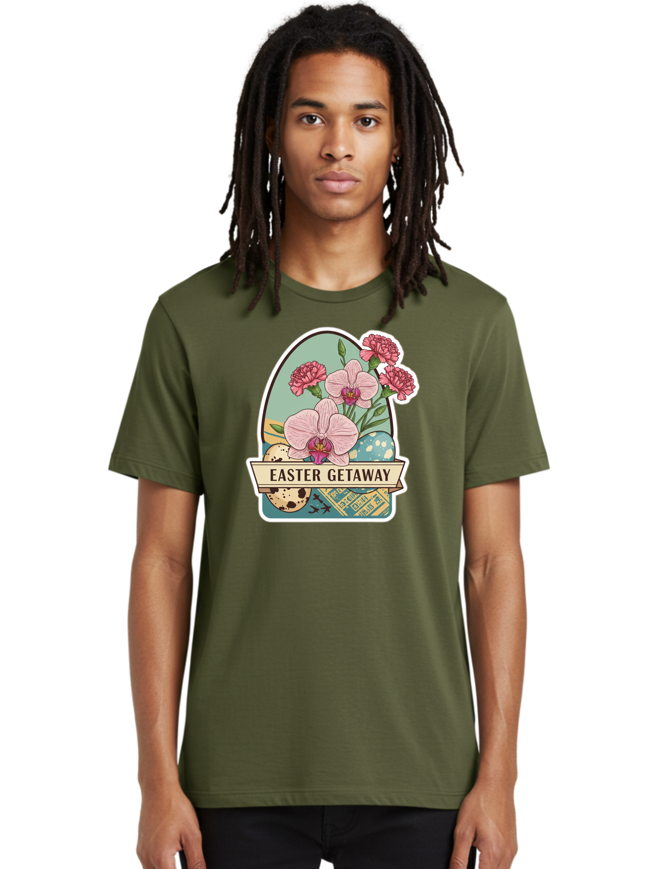 Easter-Getaway Men'S Graphic Tee, 100% Cotton, Comfortable Casual Summer Wear, Machine Washable, Easter Getaway, Easter Egg, Pink Orchids, Carnations, Eggs, Birds, Decorative Egg, Easter Flowers, Spring Flowers, Pastel Colors, Baa628