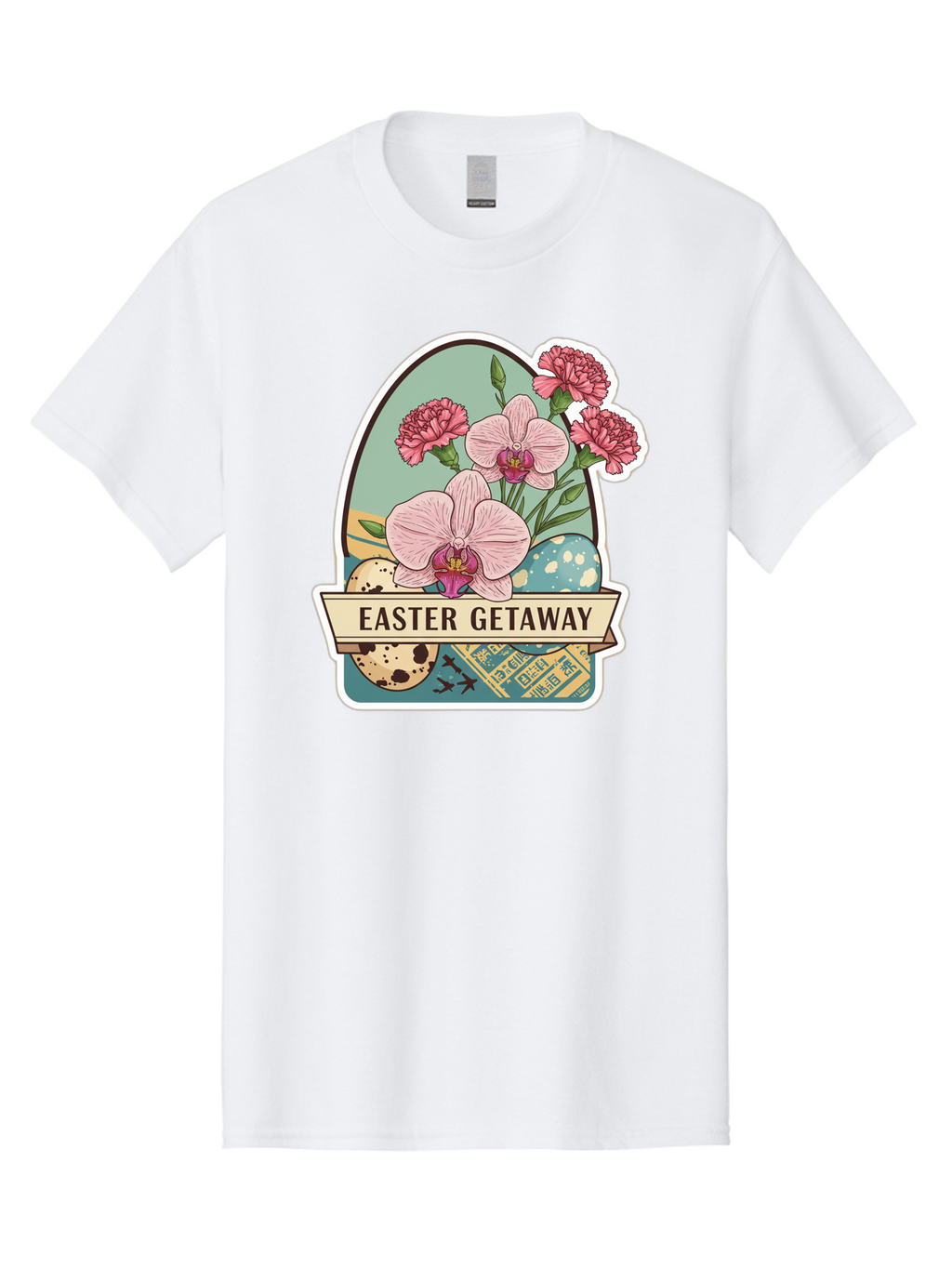 Easter-Getaway Men'S Graphic Tee, 100% Cotton, Comfortable Casual Summer Wear, Machine Washable, Easter Getaway, Easter Egg, Pink Orchids, Carnations, Eggs, Birds, Decorative Egg, Easter Flowers, Spring Flowers, Pastel Colors, Baa628