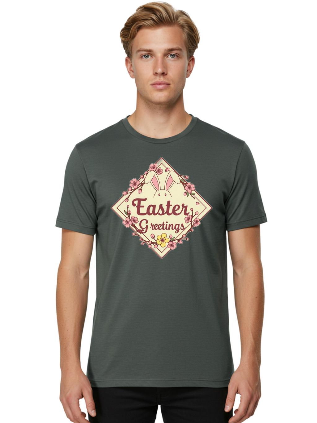 Easter-Greetings Men'S Graphic Tee, 100% Cotton, Comfortable Casual Summer Wear, Machine Washable, Easter Bunny, Easter Greetings, Floral Wreath, Pastel Colors, Spring Flowers, Easter Wishes, Festive Design Baa629